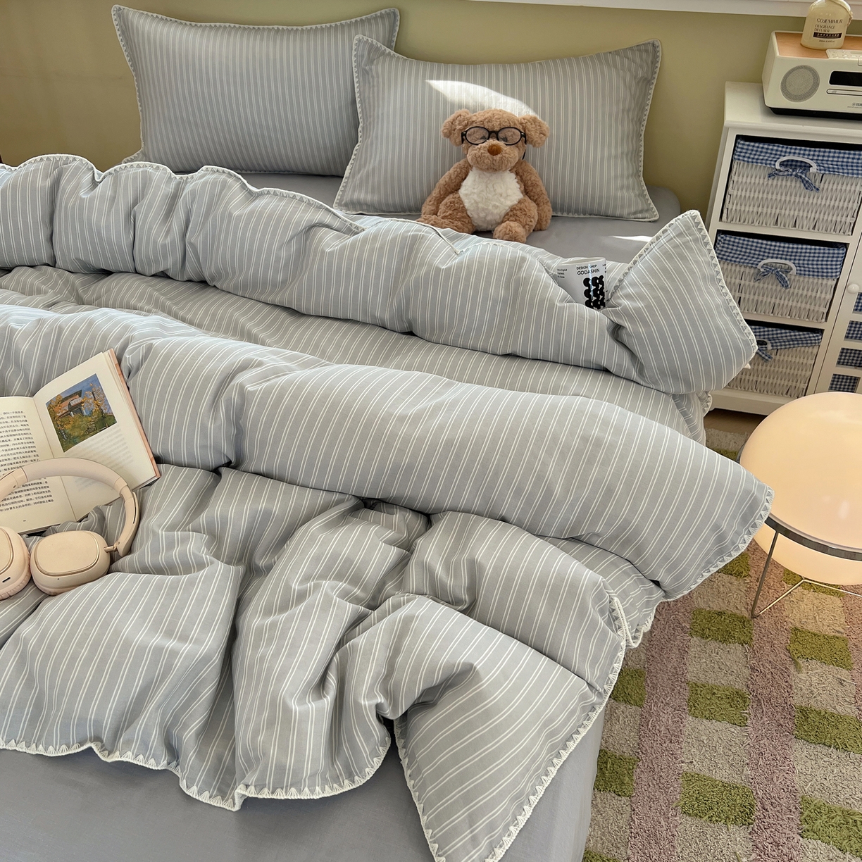 91家纺网 家纺一手货源 找家纺 曼之夏 2026新款全棉纯棉有氧双层纱贝壳边四件套 贝壳边休闲条纹