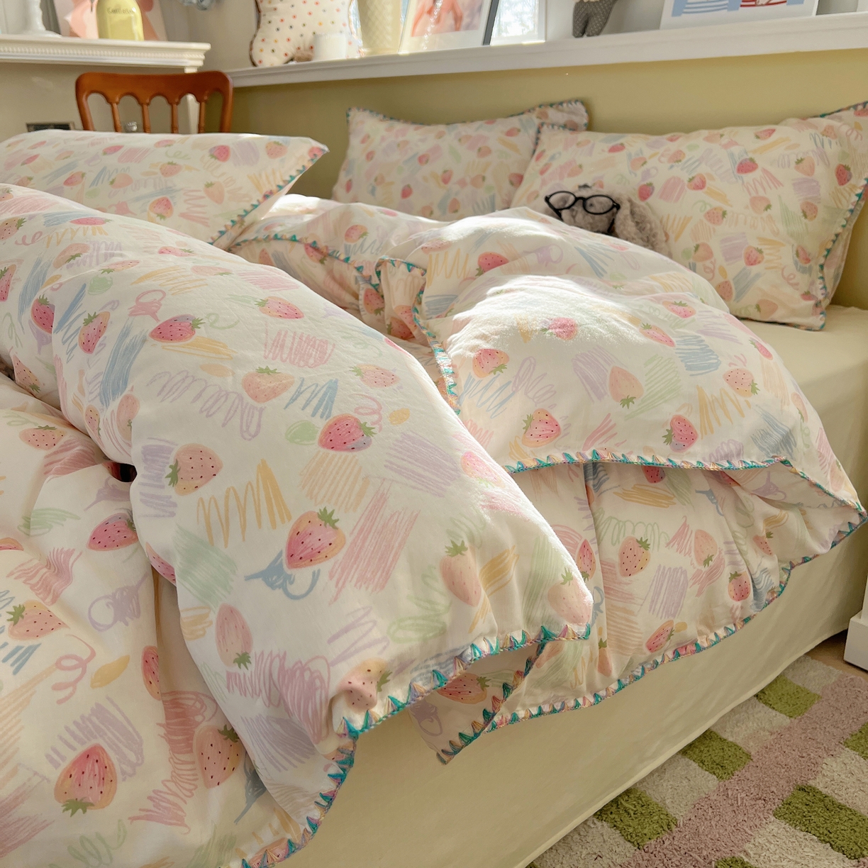 曼之夏 2026新款全棉纯棉有氧双层纱贝壳边四件套 贝壳边缤纷草莓