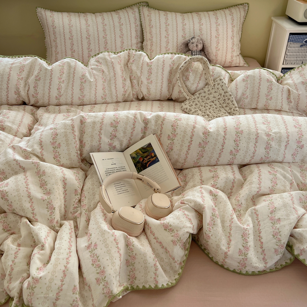 91家纺网 家纺一手货源 找家纺 曼之夏 2026新款全棉纯棉有氧双层纱贝壳边四件套 贝壳边亭亭玉立