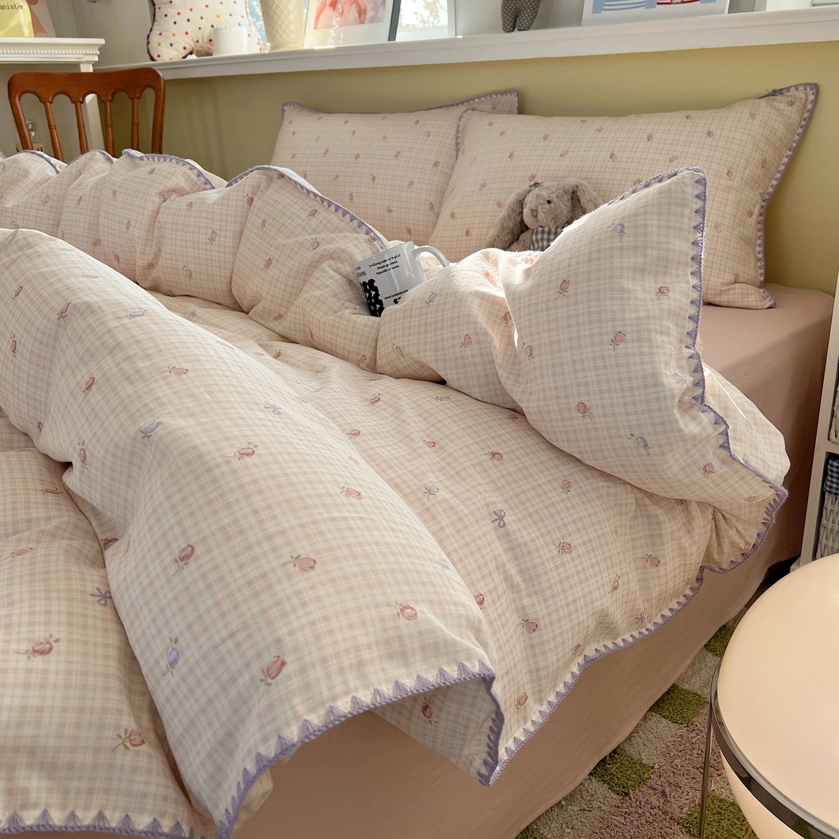 91家纺网 家纺一手货源 找家纺 曼之夏 2026新款全棉纯棉有氧双层纱贝壳边四件套 贝壳边玫瑰物语