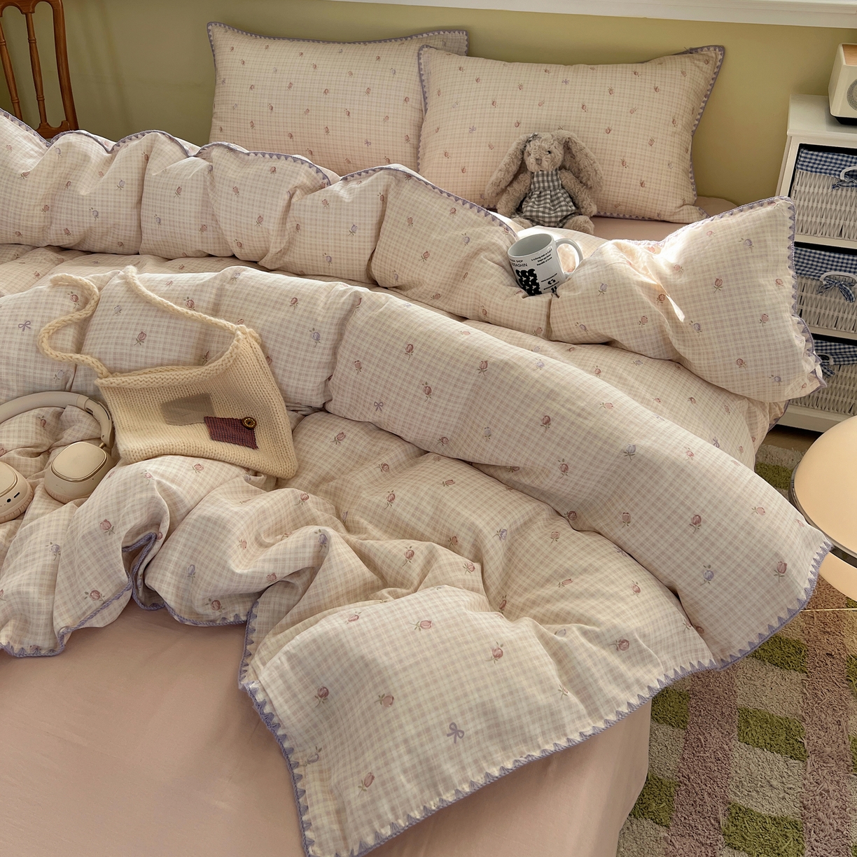 91家纺网 家纺一手货源 找家纺 曼之夏 2026新款全棉纯棉有氧双层纱贝壳边四件套 贝壳边玫瑰物语