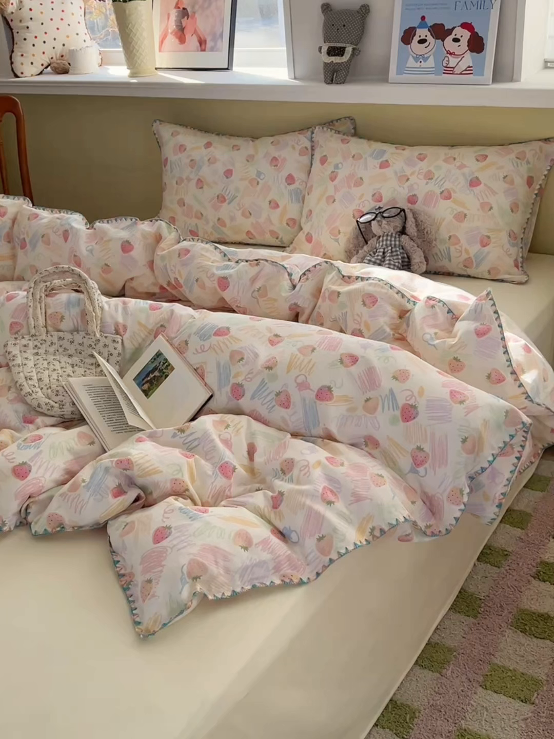 91家纺网 家纺一手货源 找家纺 曼之夏 2026新款全棉纯棉有氧双层纱贝壳边四件套 贝壳边缤纷草莓