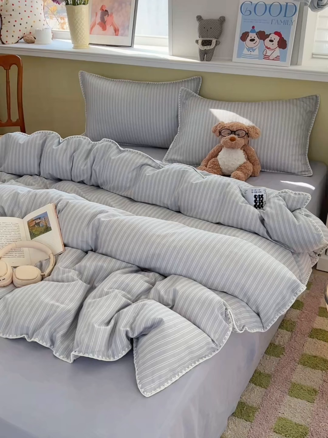 91家纺网 家纺一手货源 找家纺 曼之夏 2026新款全棉纯棉有氧双层纱贝壳边四件套 贝壳边休闲条纹