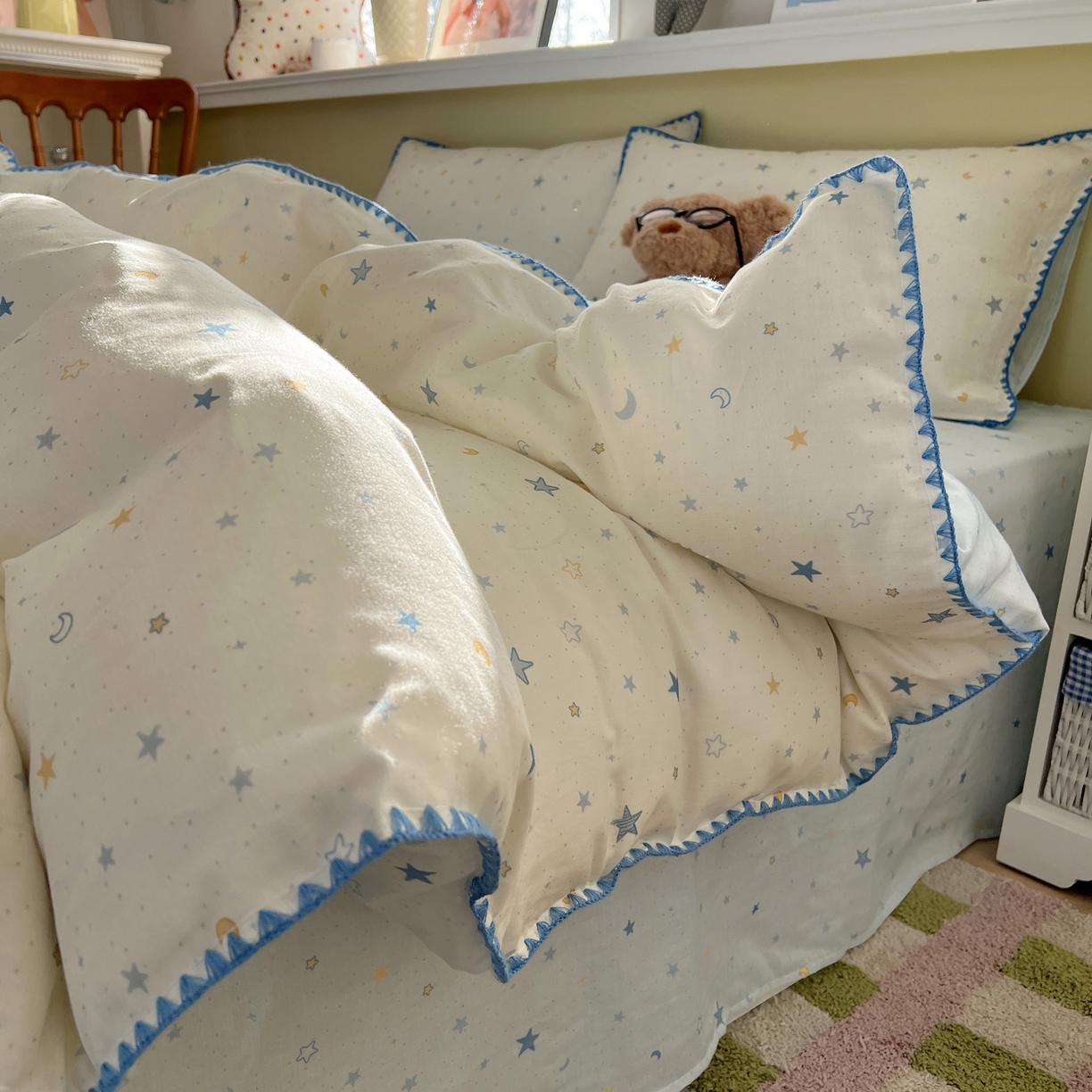 91家纺网 家纺一手货源 找家纺 曼之夏 2026新款全棉纯棉有氧双层纱贝壳边四件套 贝壳边星月