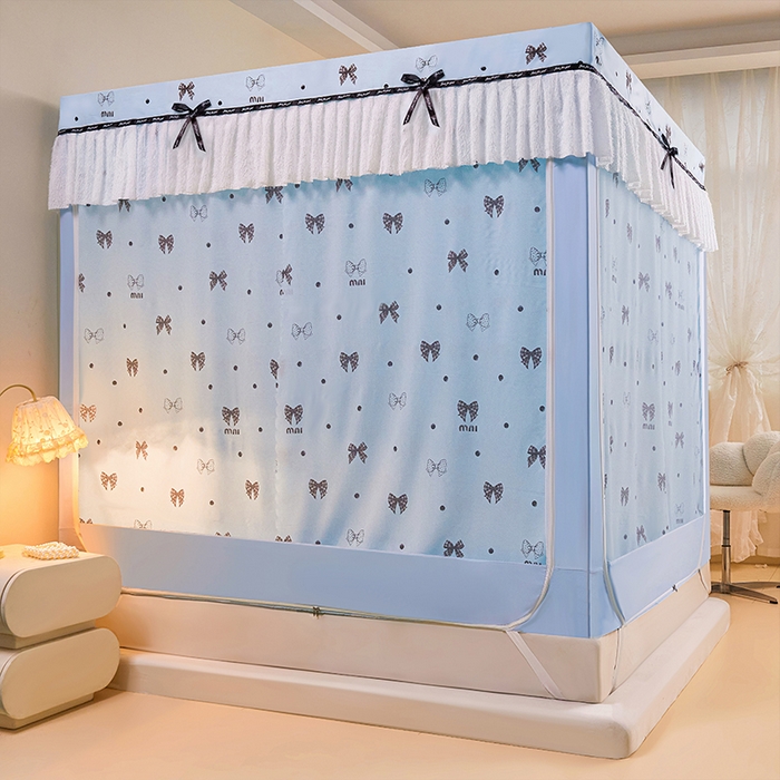 91家纺网 家纺一手货源 找家纺 薇梦蚊帐 2026新款遮光拉链坐床式蚊帐 蝴蝶结-蓝