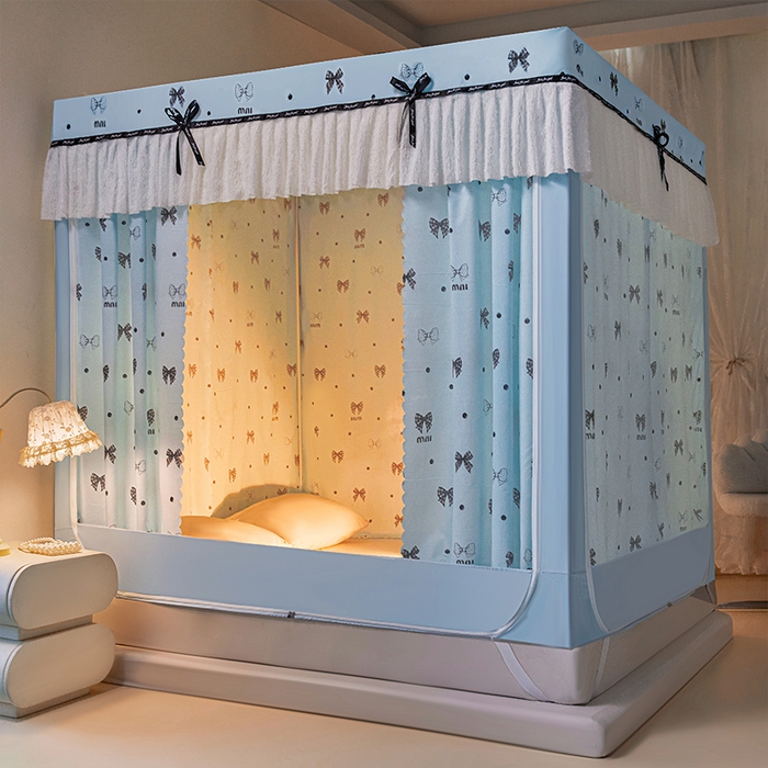 91家纺网 家纺一手货源 找家纺 薇梦蚊帐 2026新款遮光拉链坐床式蚊帐 蝴蝶结-蓝
