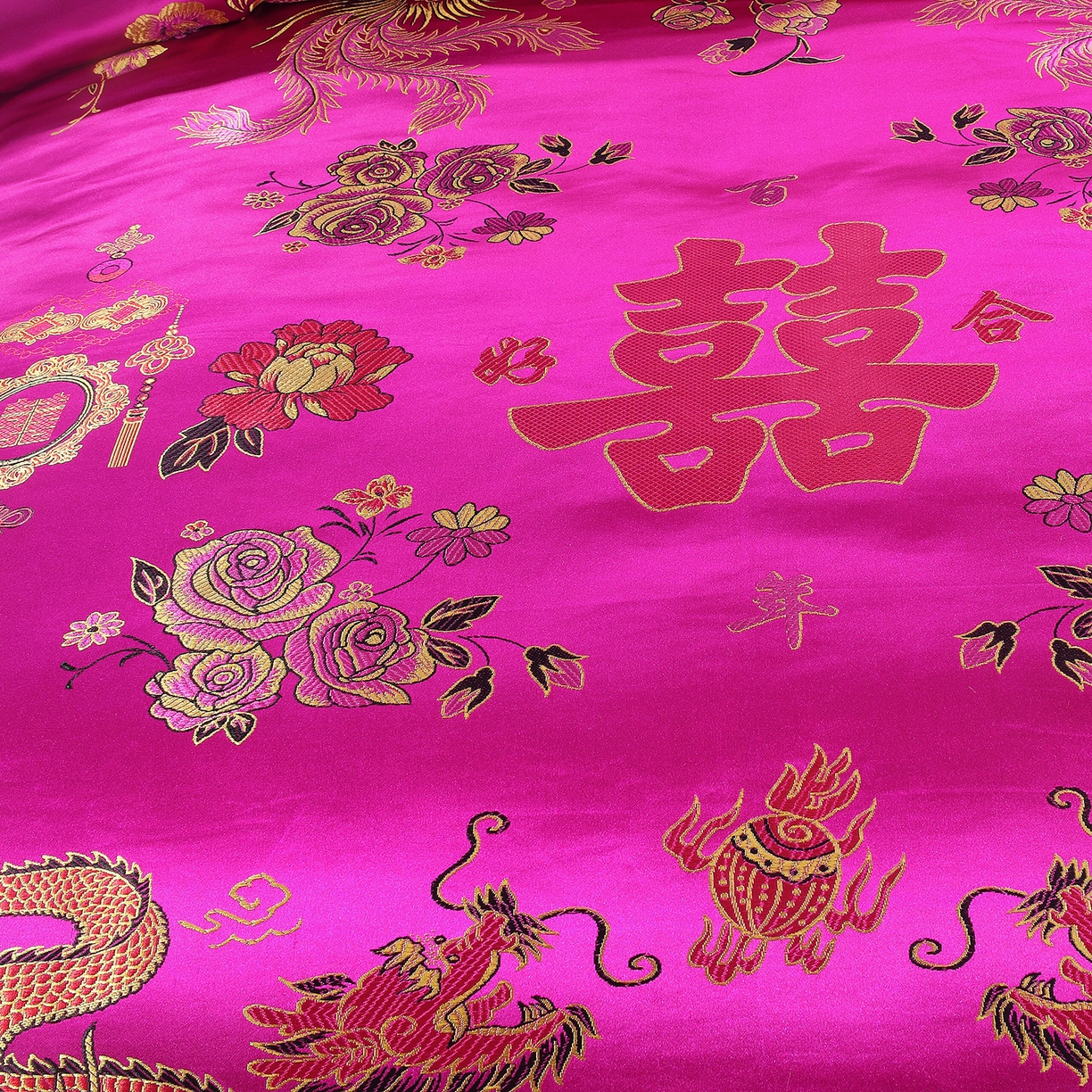 91家纺网 家纺一手货源 找家纺 浩情国际婚庆供货中心 2026新品婚庆结婚绸缎面全棉老粗布经典款被套被单龙凤呈祥百子图大红绿长期供货 龙凤呈祥-绸缎被套 -玫红