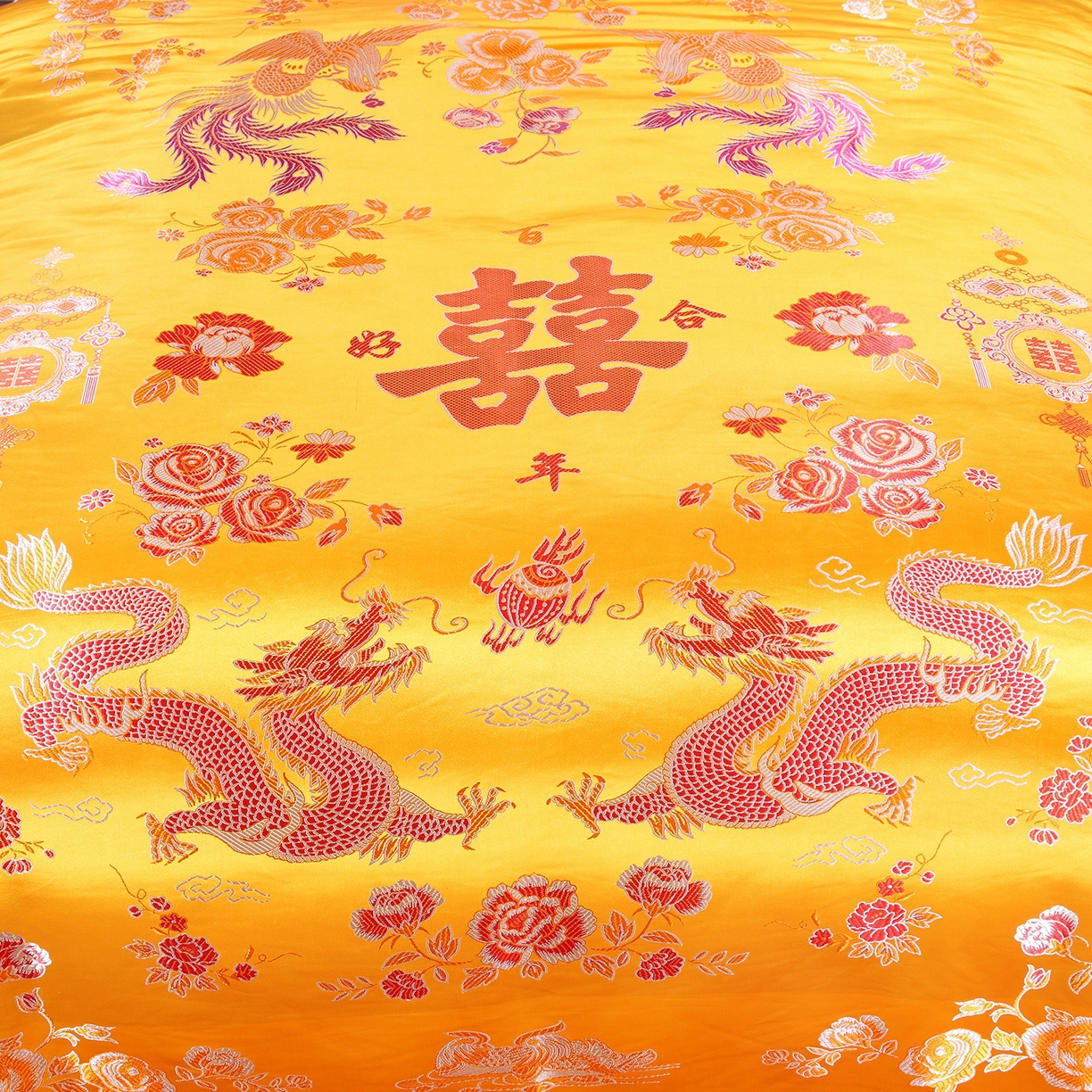 91家纺网 家纺一手货源 找家纺 浩情国际婚庆供货中心 2026新品婚庆结婚绸缎面全棉老粗布经典款被套被单龙凤呈祥百子图大红绿长期供货 龙凤呈祥-绸缎被套 -泥金黄