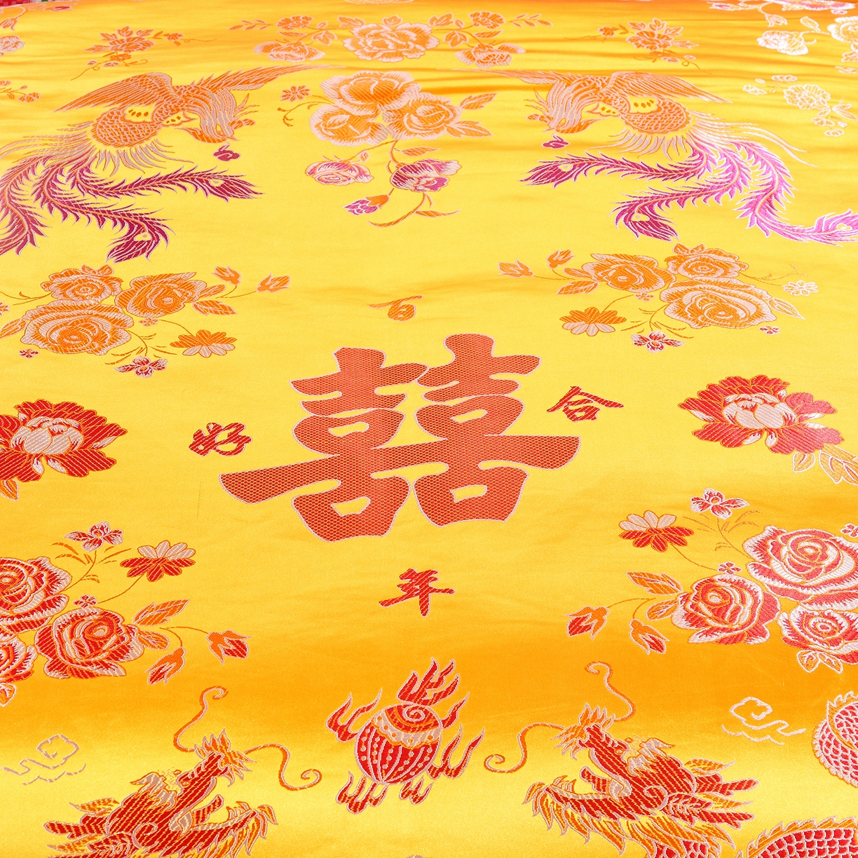 91家纺网 家纺一手货源 找家纺 浩情国际婚庆供货中心 2026新品婚庆结婚绸缎面全棉老粗布经典款被套被单龙凤呈祥百子图大红绿长期供货 龙凤呈祥-绸缎被套 -泥金黄