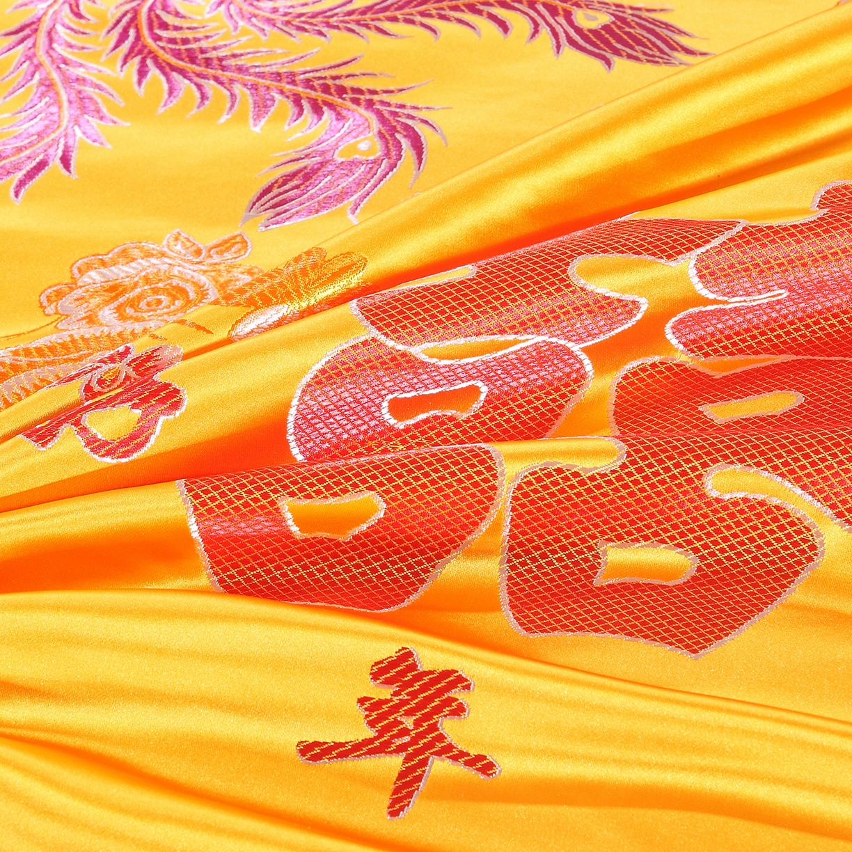 91家纺网 家纺一手货源 找家纺 浩情国际婚庆供货中心 2026新品婚庆结婚绸缎面全棉老粗布经典款被套被单龙凤呈祥百子图大红绿长期供货 龙凤呈祥-绸缎被套 -泥金黄