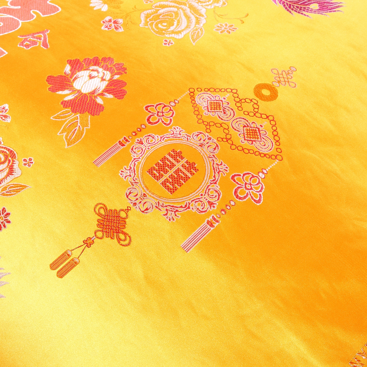 91家纺网 家纺一手货源 找家纺 浩情国际婚庆供货中心 2026新品婚庆结婚绸缎面全棉老粗布经典款被套被单龙凤呈祥百子图大红绿长期供货 龙凤呈祥-绸缎被套 -泥金黄