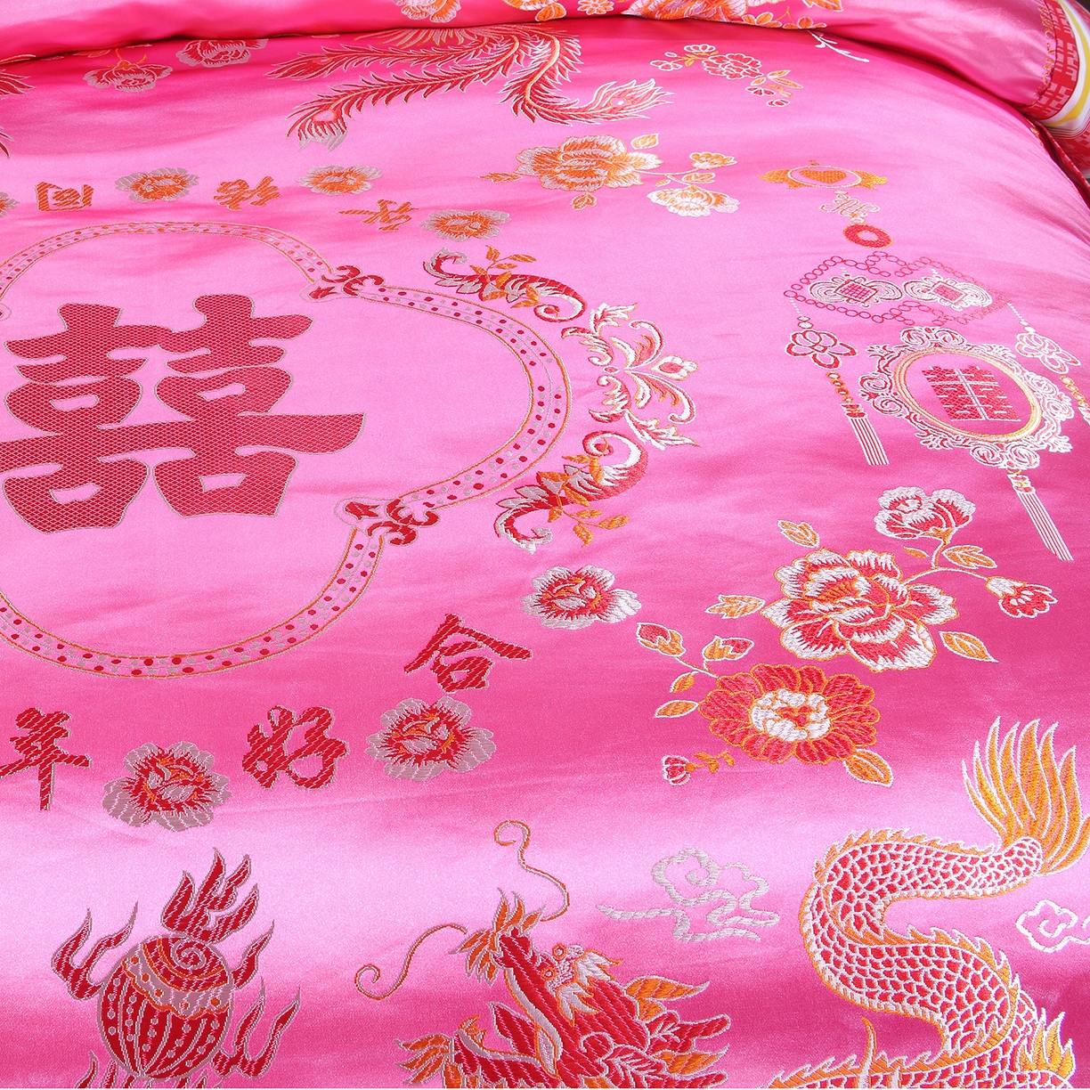 91家纺网 家纺一手货源 找家纺 浩情国际婚庆供货中心 2026新品婚庆结婚绸缎面全棉老粗布经典款被套被单龙凤呈祥百子图大红绿长期供货 龙凤呈祥-绸缎被套 -浅粉