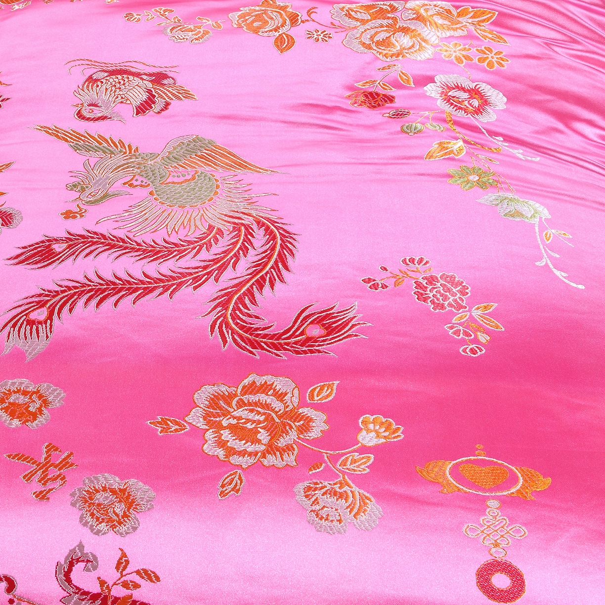 91家纺网 家纺一手货源 找家纺 浩情国际婚庆供货中心 2026新品婚庆结婚绸缎面全棉老粗布经典款被套被单龙凤呈祥百子图大红绿长期供货 龙凤呈祥-绸缎被套 -浅粉