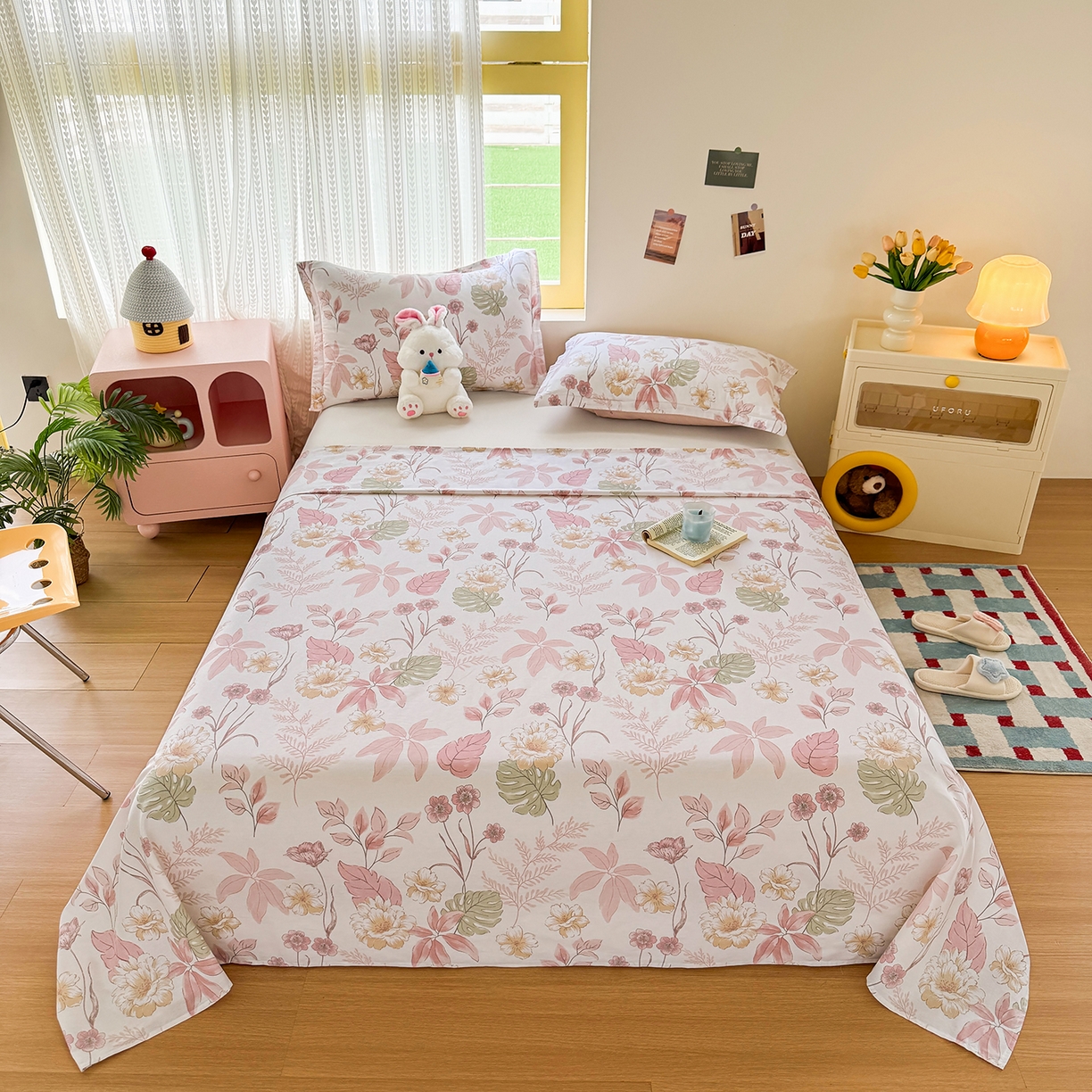 91家纺网 家纺一手货源 找家纺 尚帛 2026新款全棉时尚印花单床单 叶柔粉