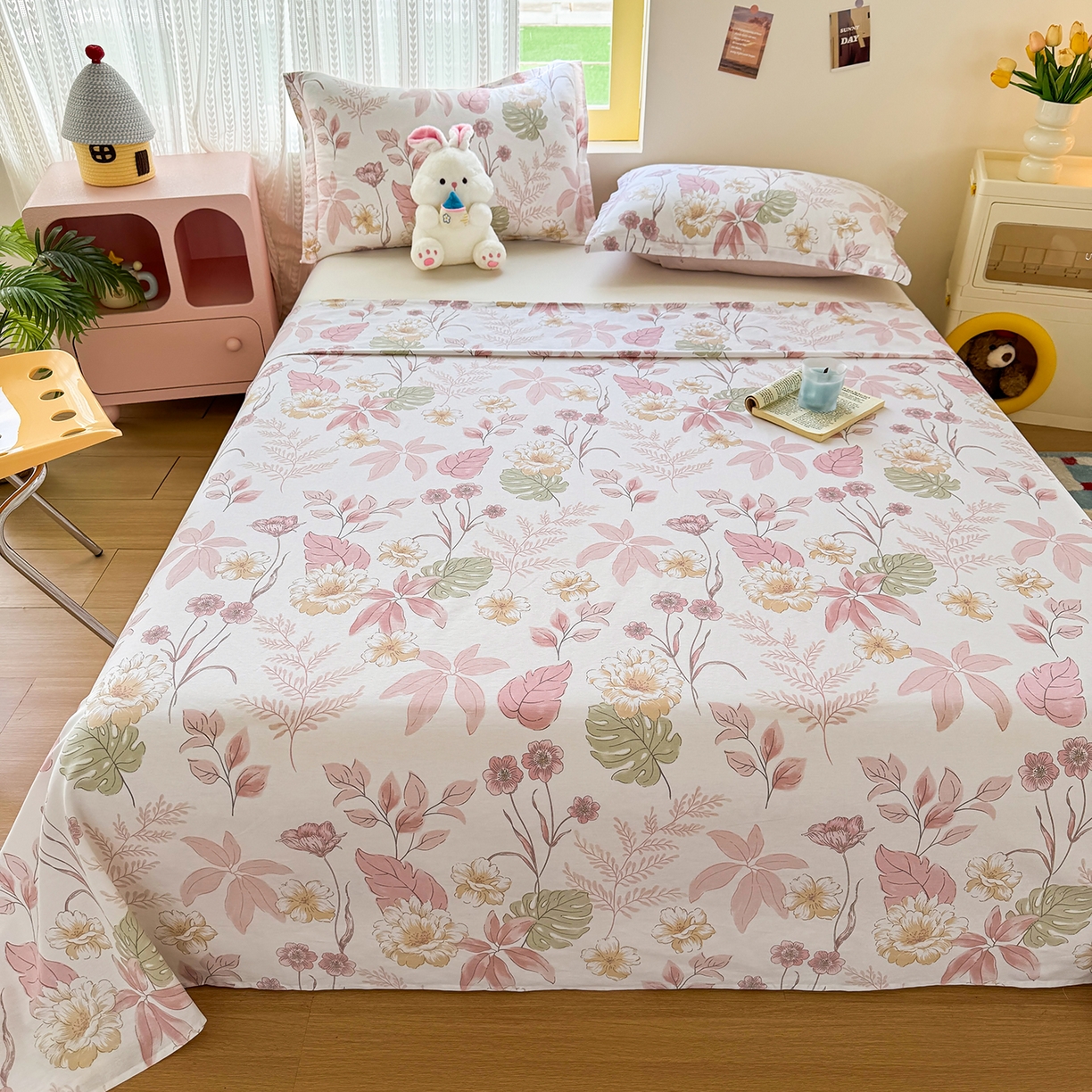 91家纺网 家纺一手货源 找家纺 尚帛 2026新款全棉时尚印花单床单 叶柔粉