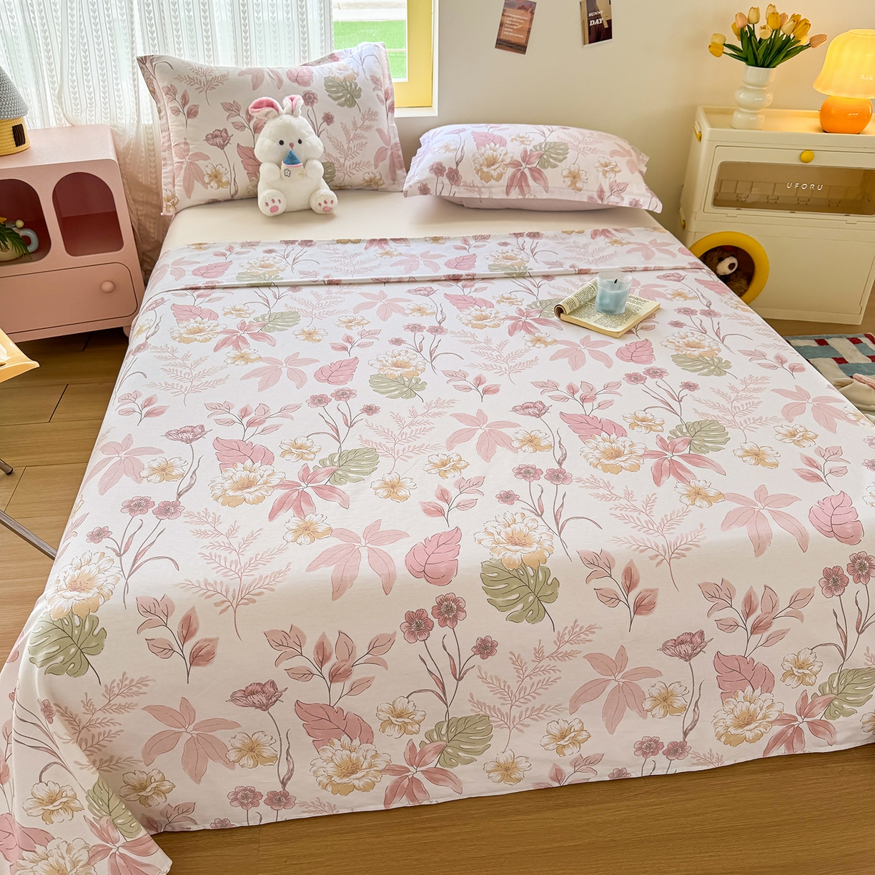 91家纺网 家纺一手货源 找家纺 尚帛 2026新款全棉时尚印花单床单 叶柔粉