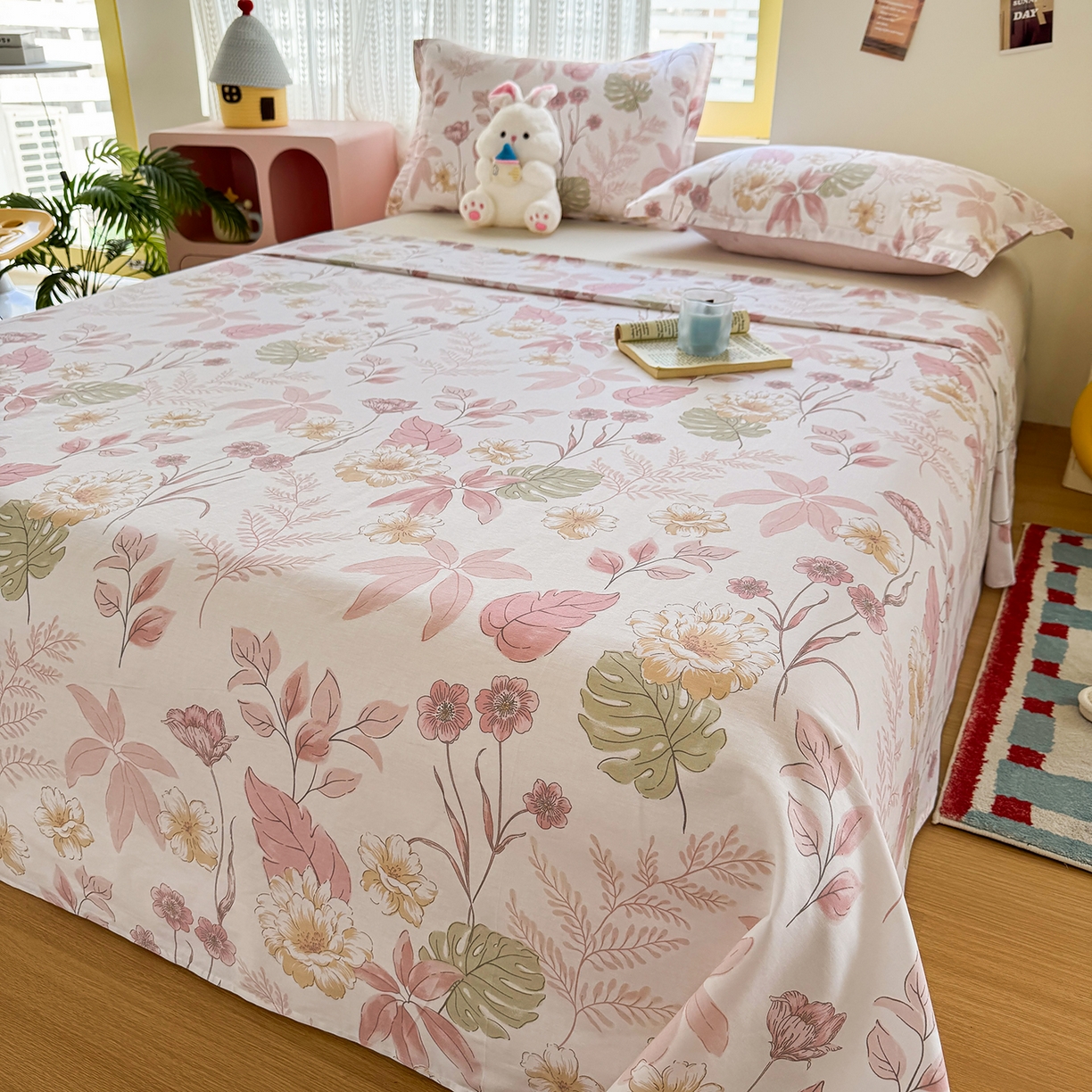 91家纺网 家纺一手货源 找家纺 尚帛 2026新款全棉时尚印花单床单 叶柔粉