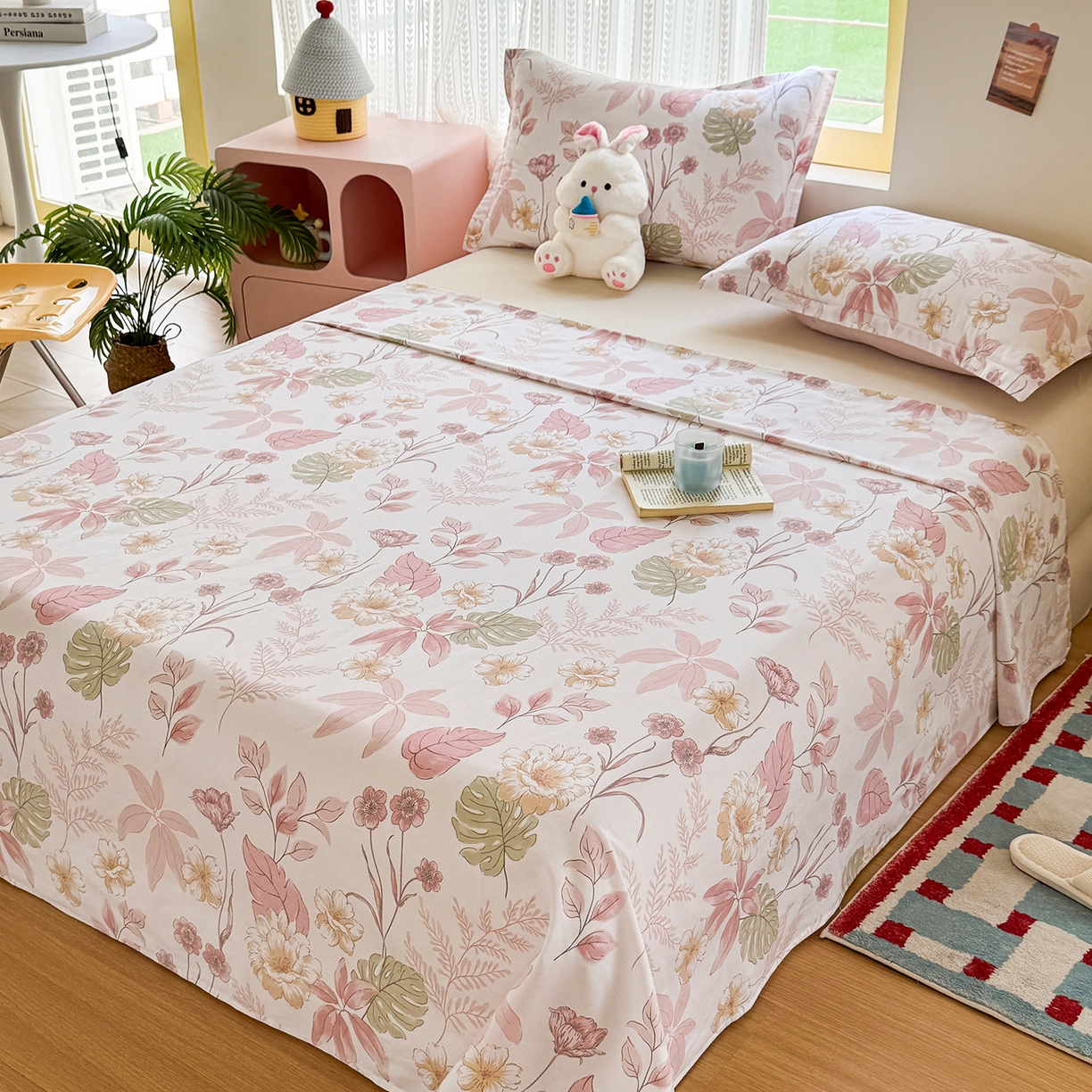 91家纺网 家纺一手货源 找家纺 尚帛 2026新款全棉时尚印花单床单 叶柔粉