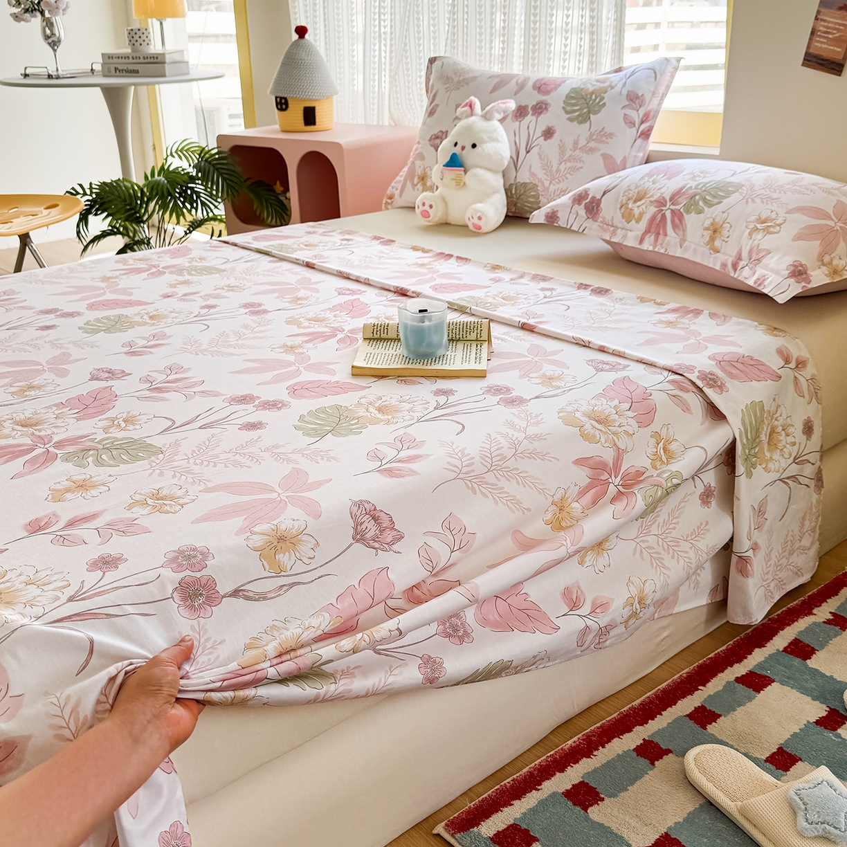 91家纺网 家纺一手货源 找家纺 尚帛 2026新款全棉时尚印花单床单 叶柔粉