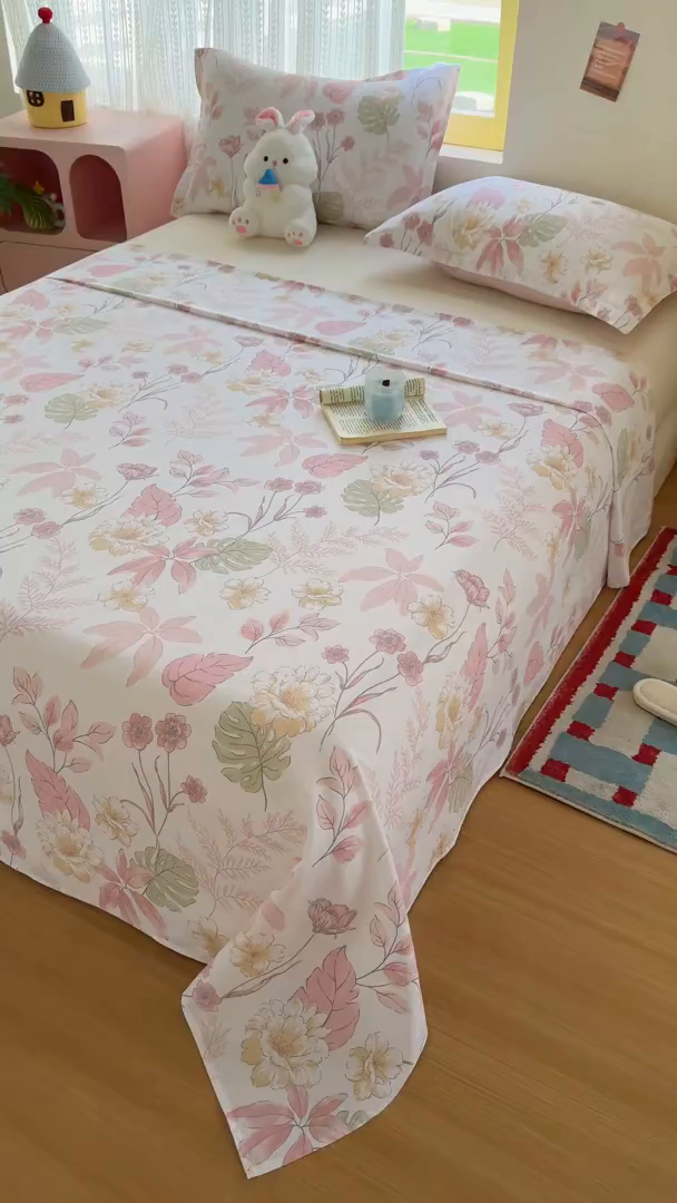 91家纺网 家纺一手货源 找家纺 尚帛 2026新款全棉时尚印花单床单 叶柔粉