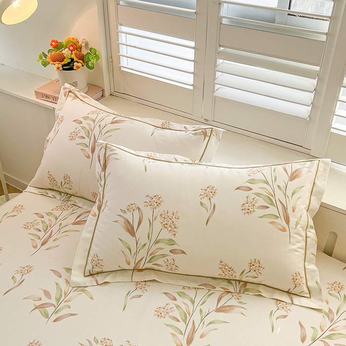 名优家纺 2026新款60S13374高支密全棉印花纯色单枕套 森野花簇-绿