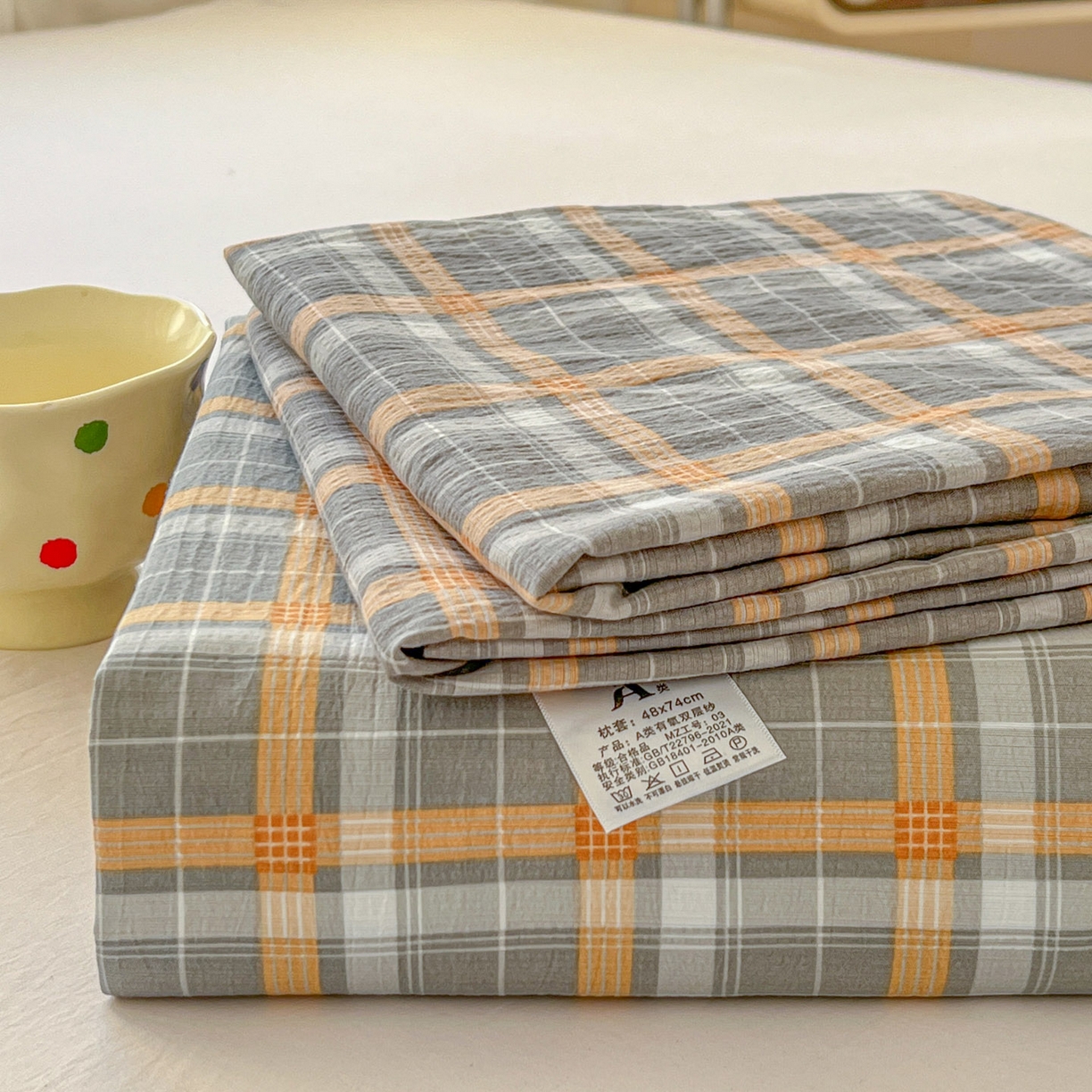 91家纺网 家纺一手货源 找家纺 思诺羽床笠 2026新款云感双层纱床单系列 布莱格-黄