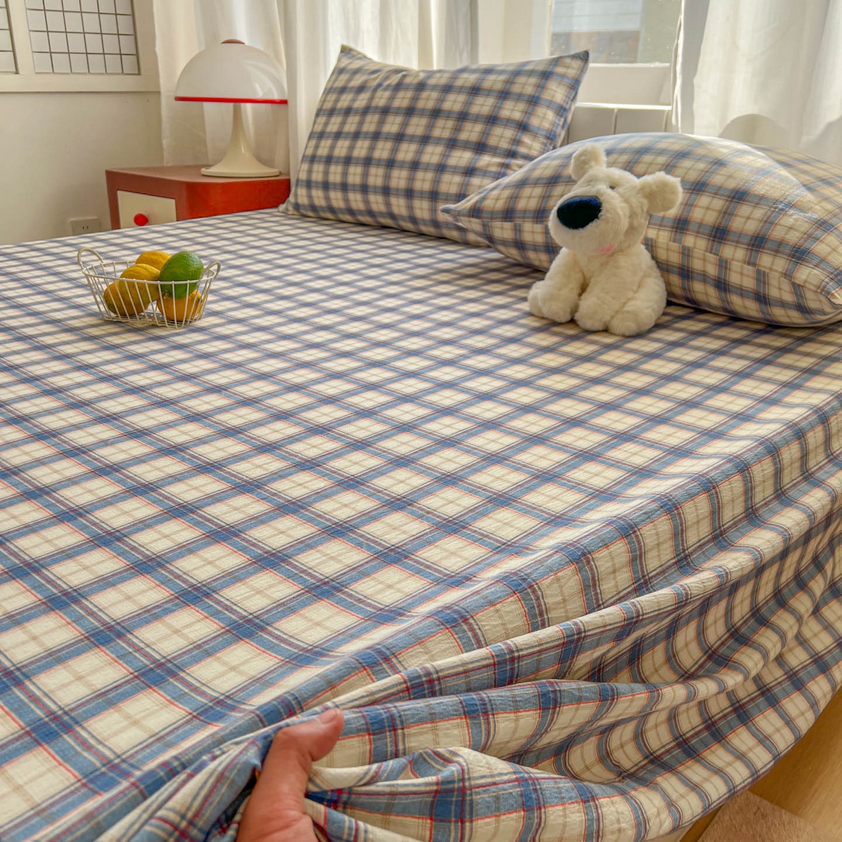 91家纺网 家纺一手货源 找家纺 思诺羽床笠 2026新款云感双层纱床单系列 布莱格-蓝