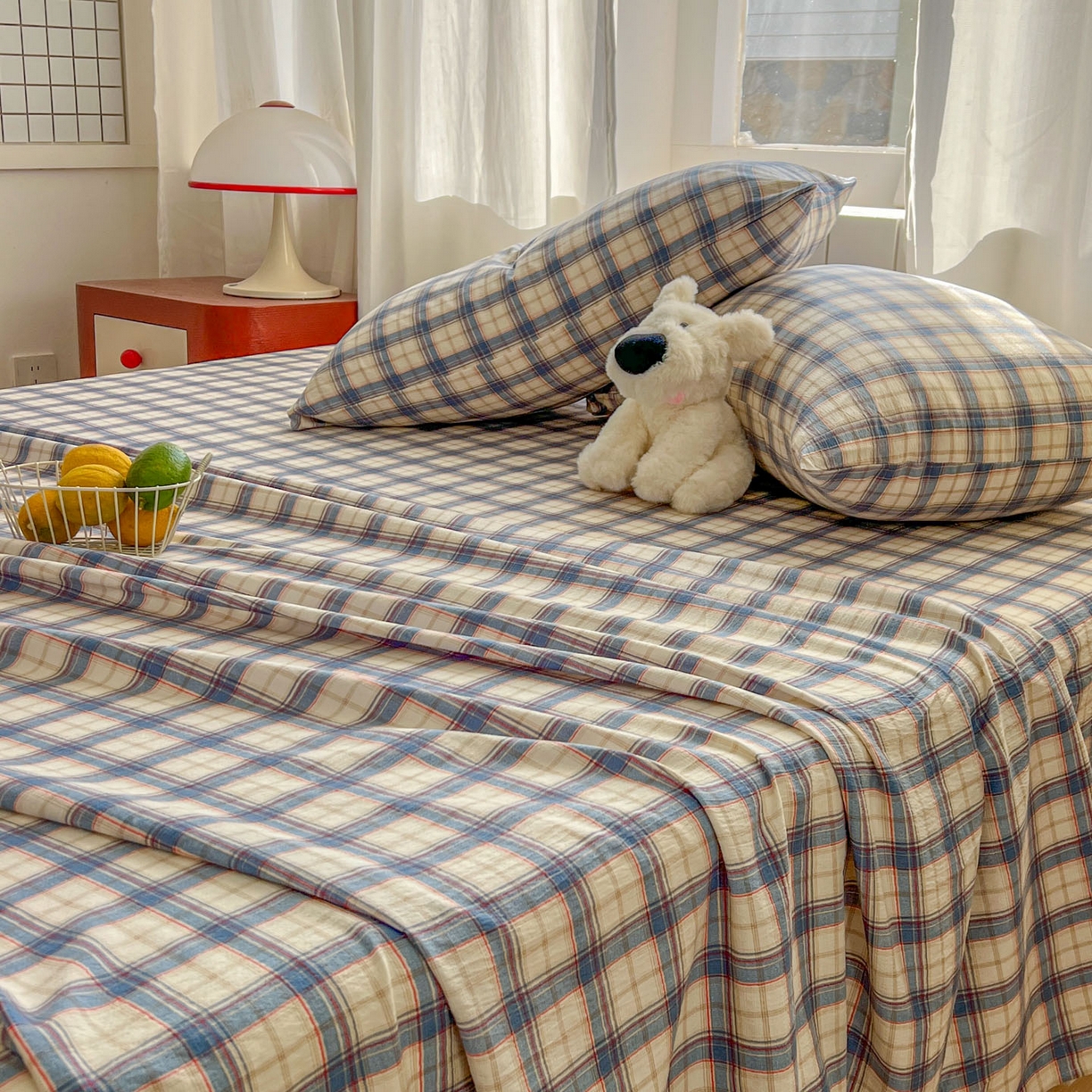 91家纺网 家纺一手货源 找家纺 思诺羽床笠 2026新款云感双层纱床单系列 布莱格-蓝