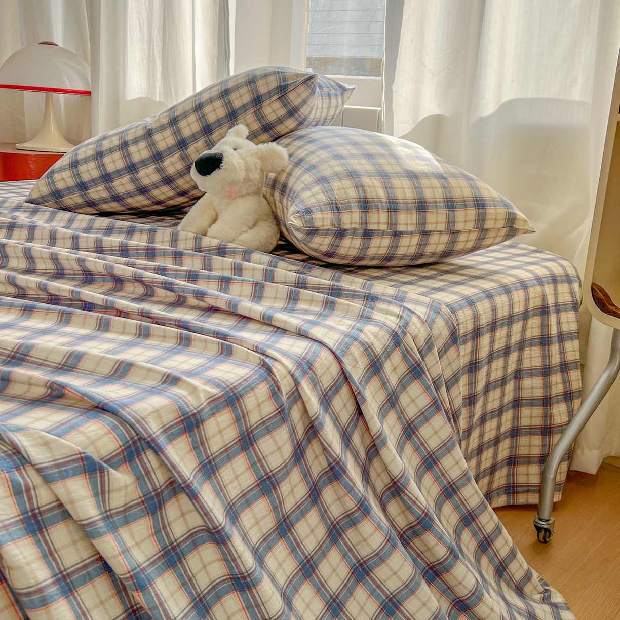 91家纺网 家纺一手货源 找家纺 思诺羽床笠 2026新款云感双层纱床单系列 布莱格-蓝