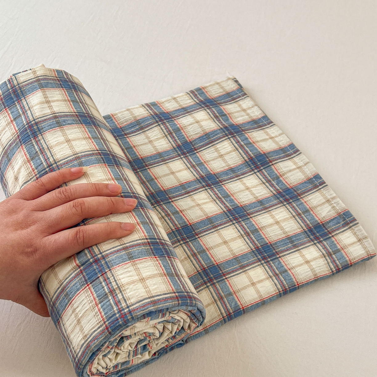 91家纺网 家纺一手货源 找家纺 思诺羽床笠 2026新款云感双层纱床单系列 布莱格-蓝