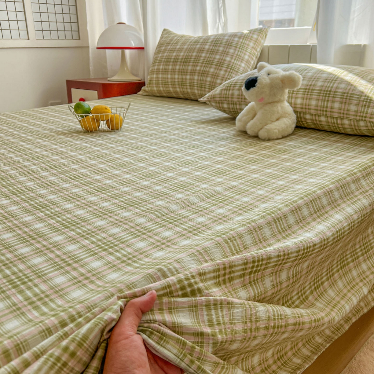 91家纺网 家纺一手货源 找家纺 思诺羽床笠 2026新款云感双层纱床单系列 布莱格-绿