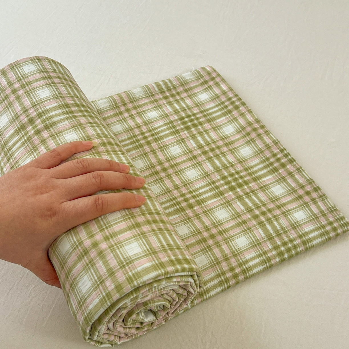 91家纺网 家纺一手货源 找家纺 思诺羽床笠 2026新款云感双层纱床单系列 布莱格-绿