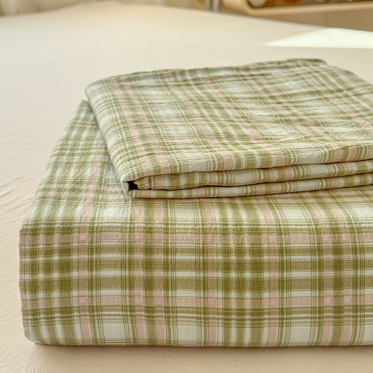 91家纺网 家纺一手货源 找家纺 思诺羽床笠 2026新款云感双层纱床单系列 布莱格-绿