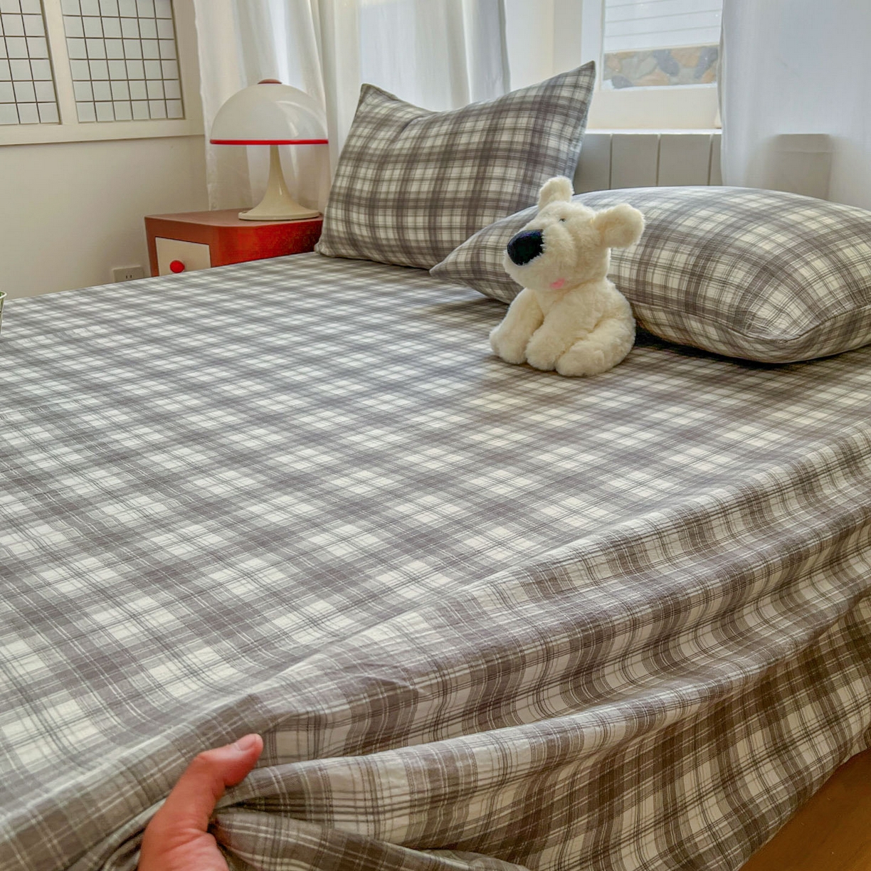 91家纺网 家纺一手货源 找家纺 思诺羽床笠 2026新款云感双层纱床单系列 灰格调