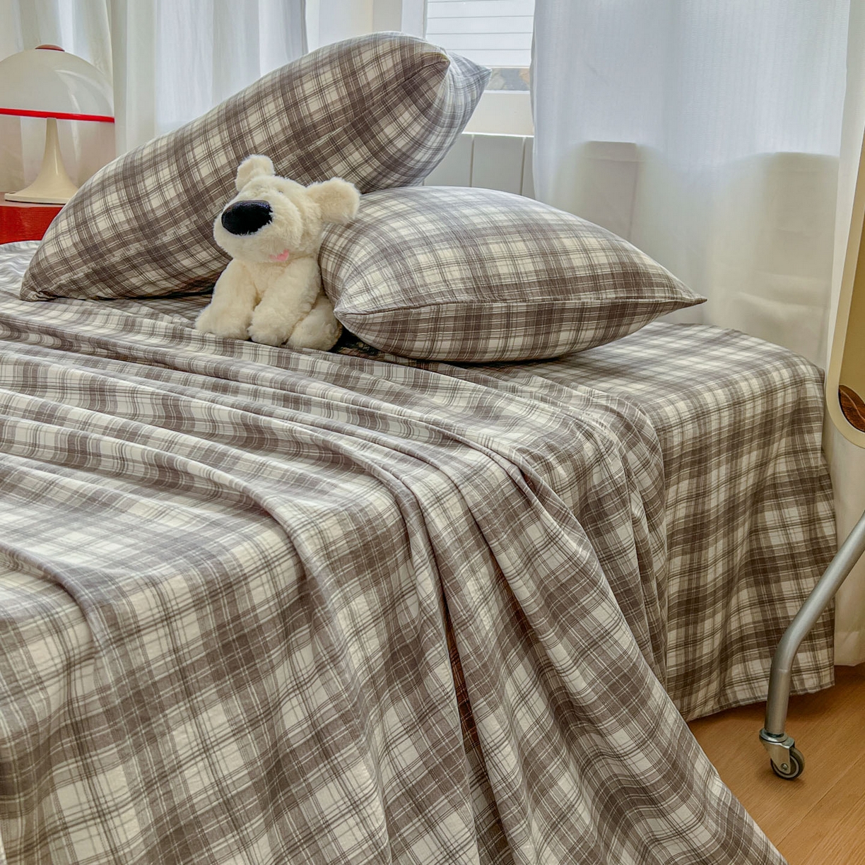 91家纺网 家纺一手货源 找家纺 思诺羽床笠 2026新款云感双层纱床单系列 灰格调