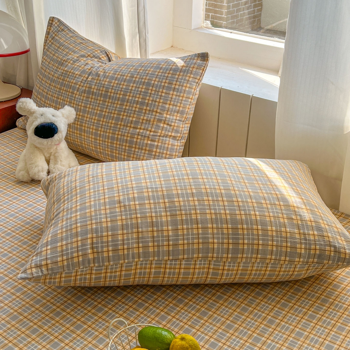 91家纺网 家纺一手货源 找家纺 思诺羽床笠 2026新款云感双层纱床单系列 简约格