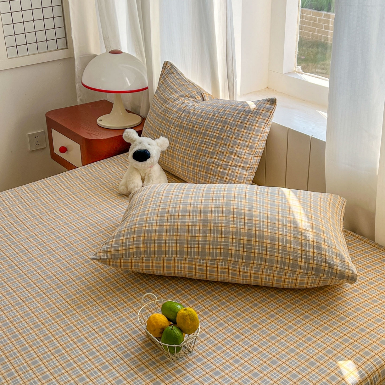 91家纺网 家纺一手货源 找家纺 思诺羽床笠 2026新款云感双层纱床单系列 简约格