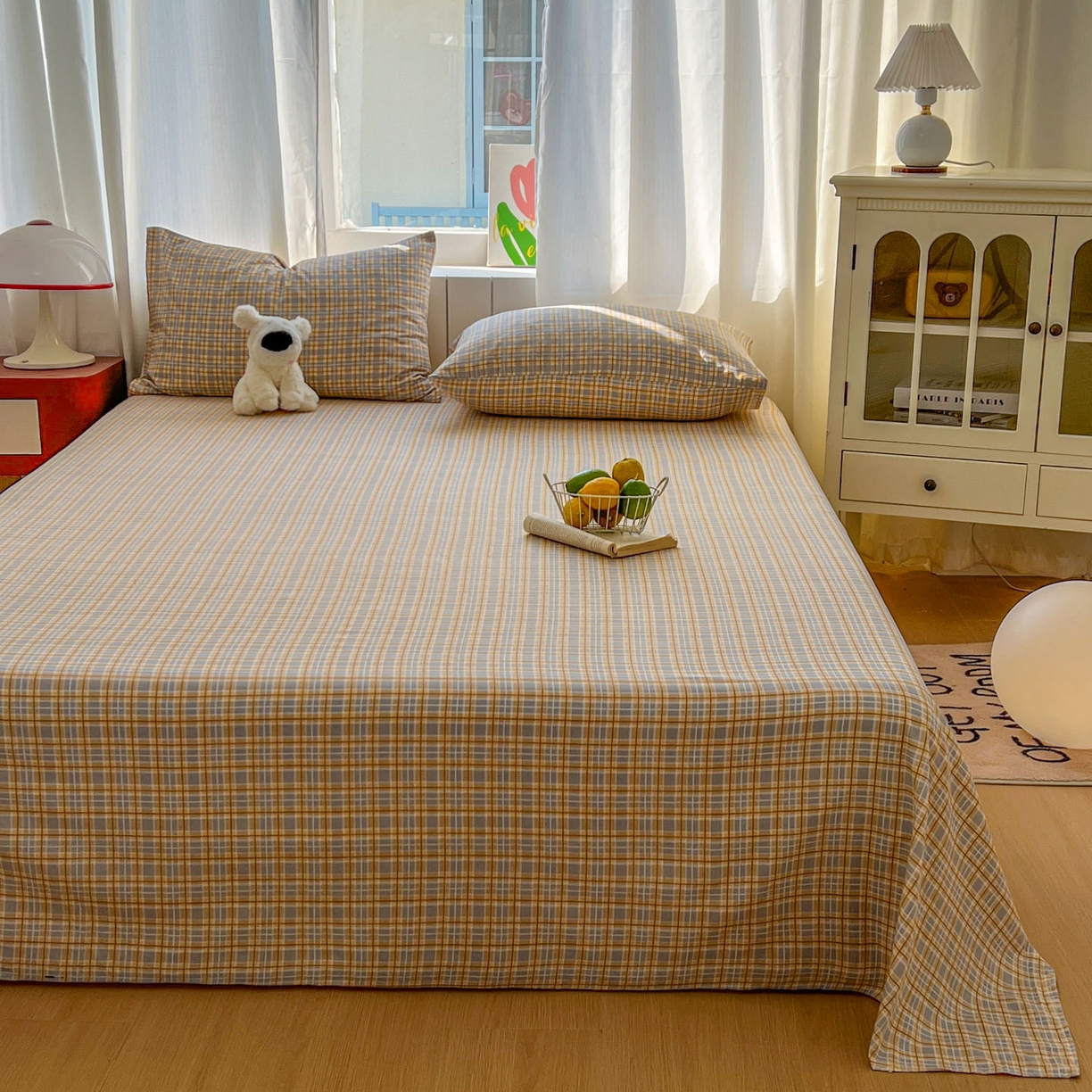 91家纺网 家纺一手货源 找家纺 思诺羽床笠 2026新款云感双层纱床单系列 简约格