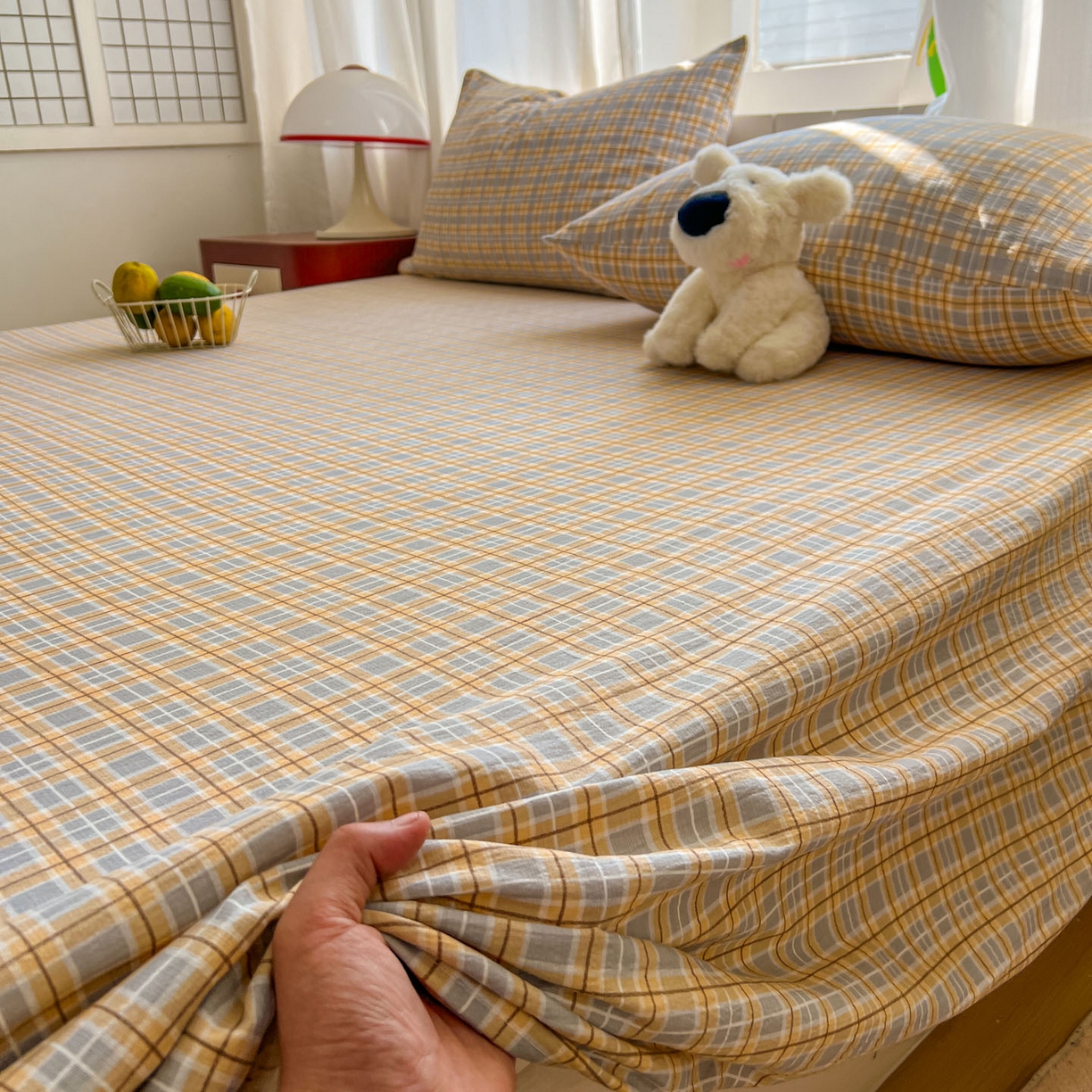 91家纺网 家纺一手货源 找家纺 思诺羽床笠 2026新款云感双层纱床单系列 简约格