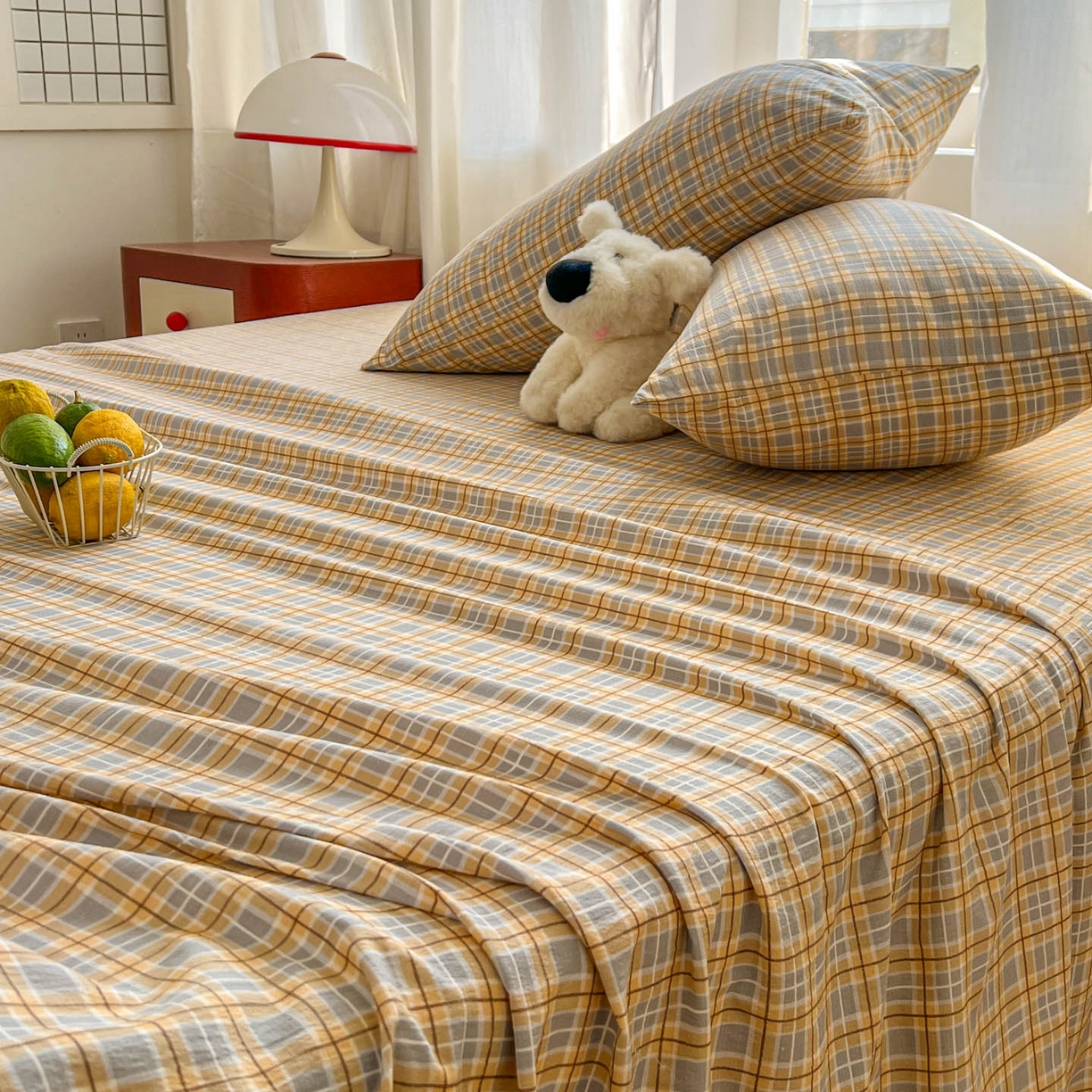 91家纺网 家纺一手货源 找家纺 思诺羽床笠 2026新款云感双层纱床单系列 简约格