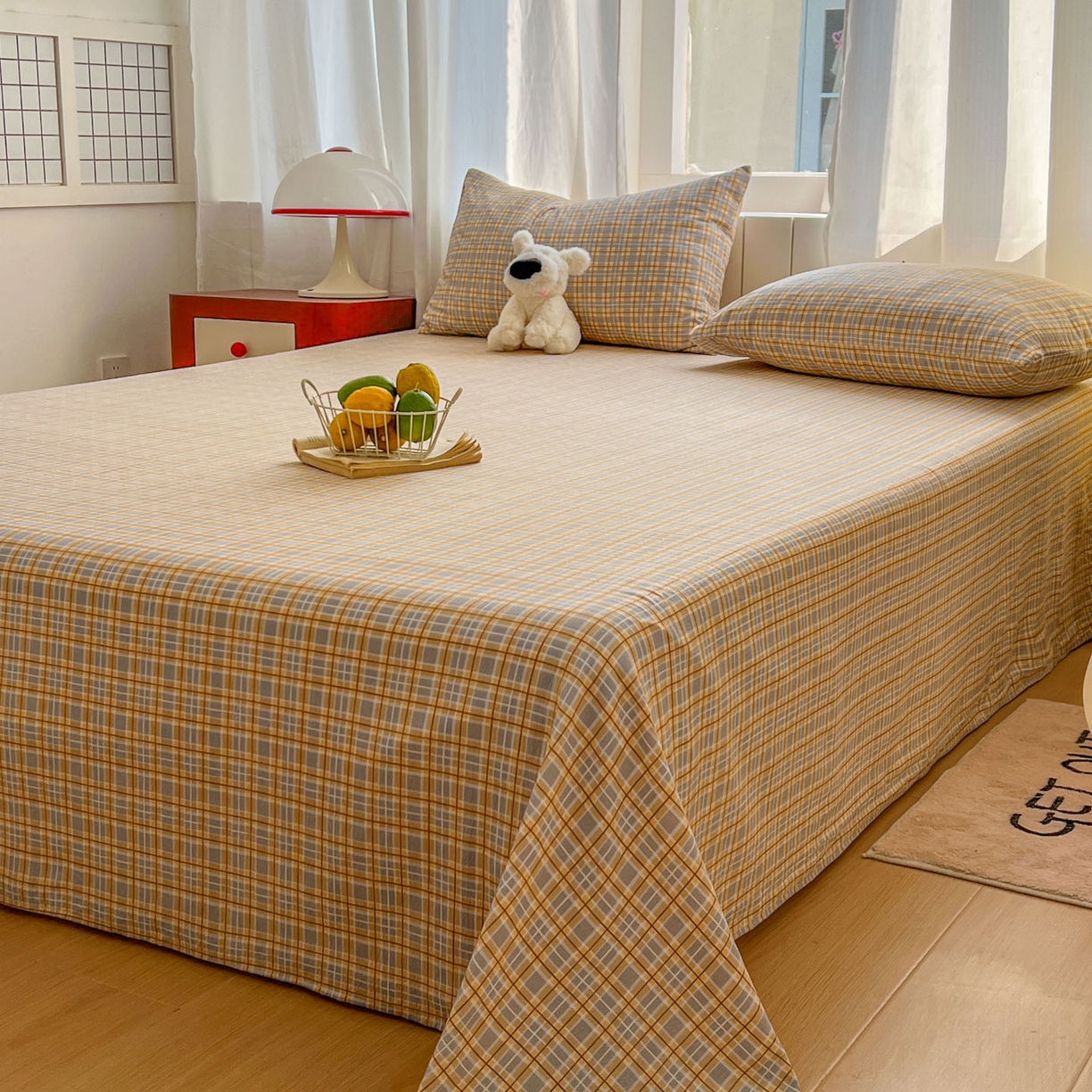 91家纺网 家纺一手货源 找家纺 思诺羽床笠 2026新款云感双层纱床单系列 简约格