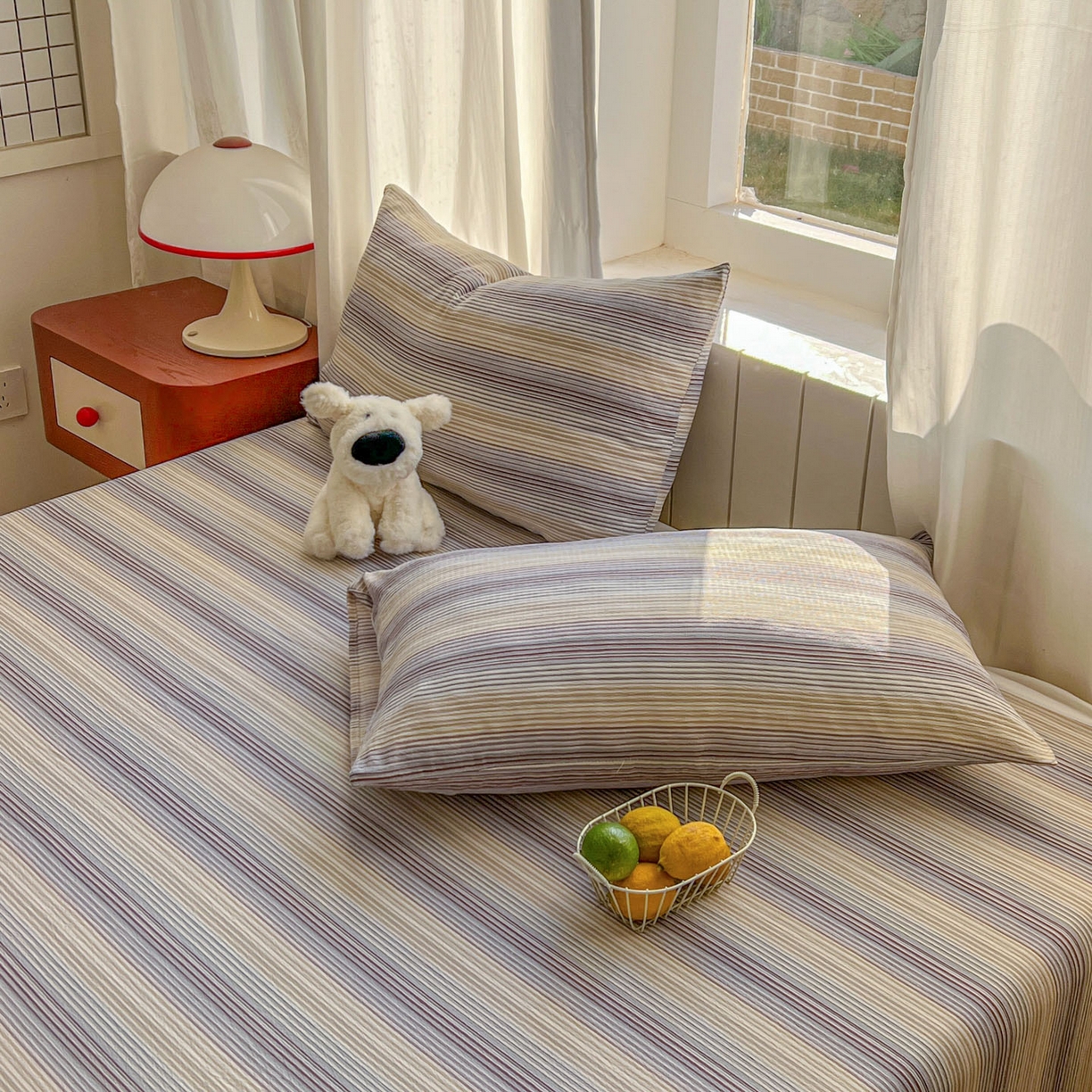 91家纺网 家纺一手货源 找家纺 思诺羽床笠 2026新款云感双层纱床单系列 流年-咖