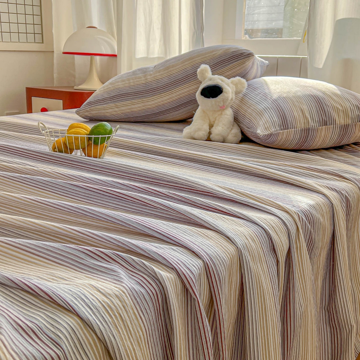 91家纺网 家纺一手货源 找家纺 思诺羽床笠 2026新款云感双层纱床单系列 流年-咖