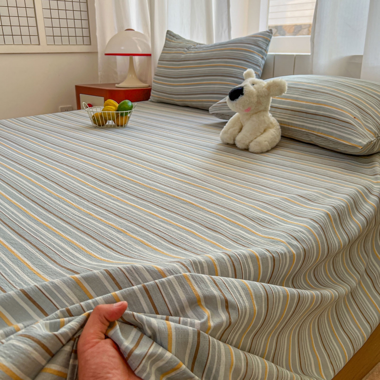 91家纺网 家纺一手货源 找家纺 思诺羽床笠 2026新款云感双层纱床单系列 流年-蓝