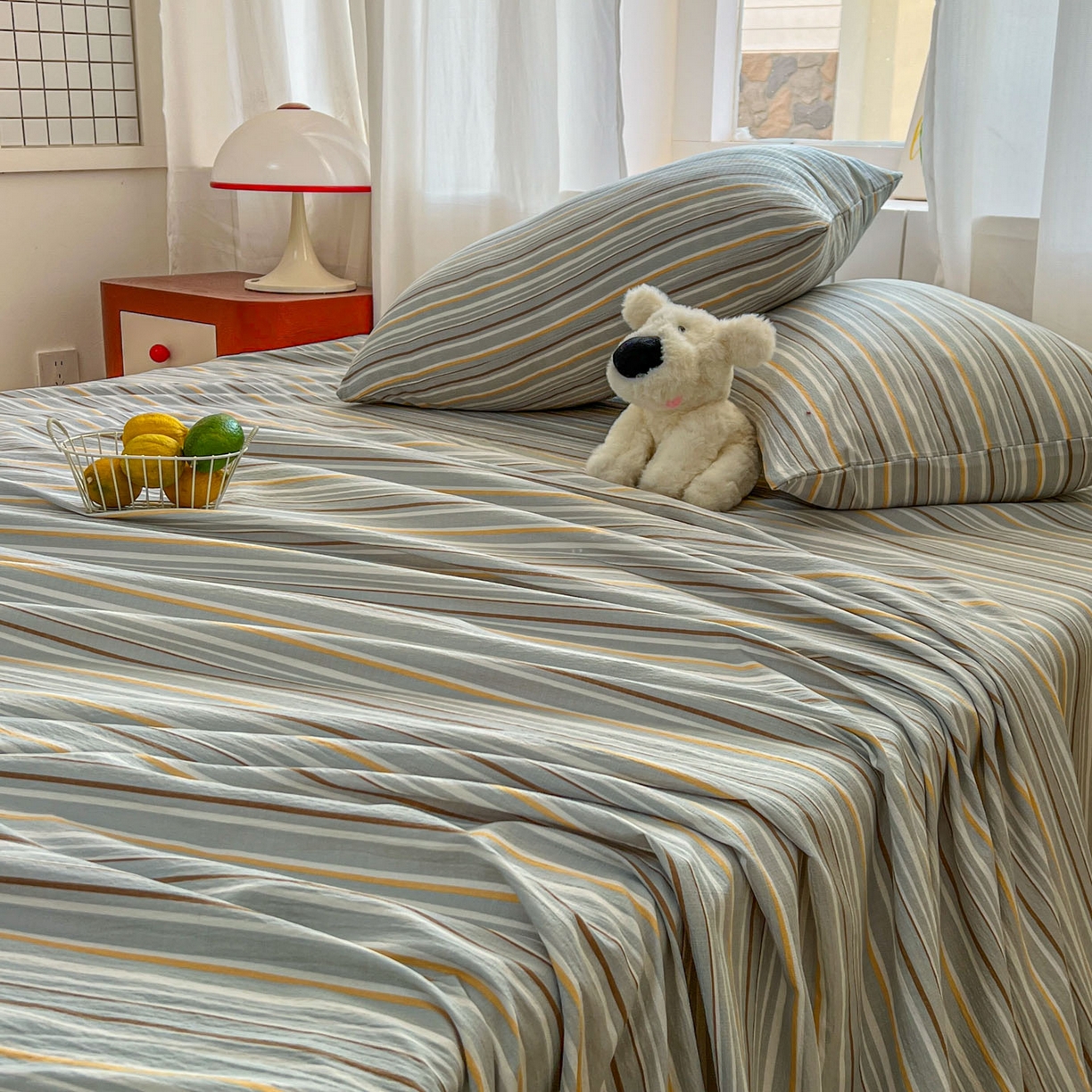 91家纺网 家纺一手货源 找家纺 思诺羽床笠 2026新款云感双层纱床单系列 流年-蓝