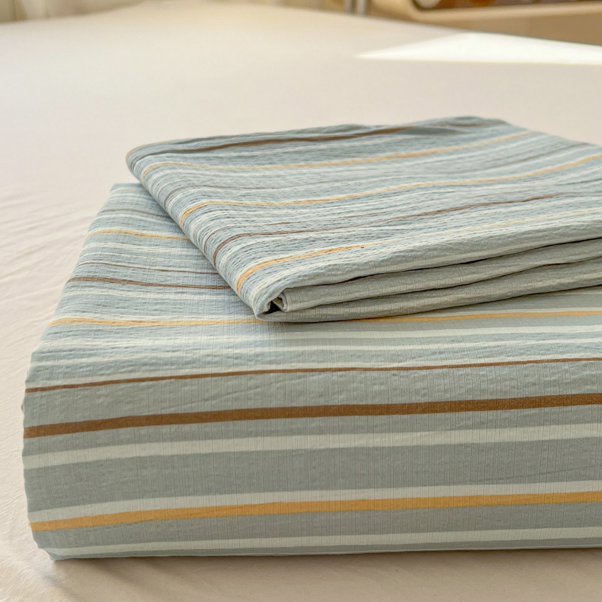 91家纺网 家纺一手货源 找家纺 思诺羽床笠 2026新款云感双层纱床单系列 流年-蓝