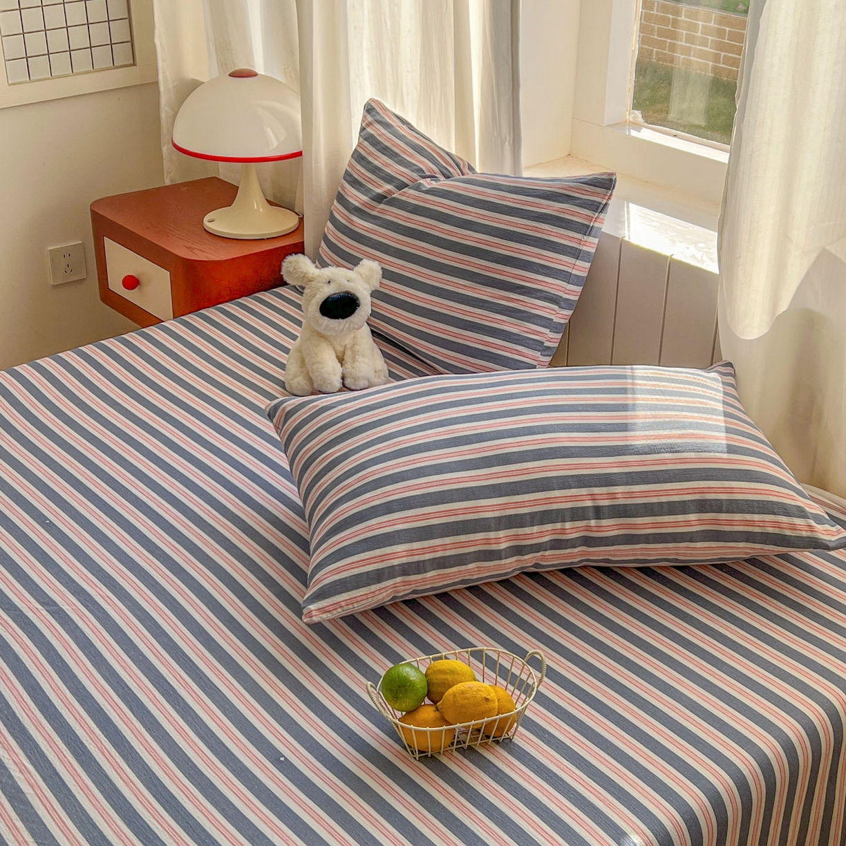 91家纺网 家纺一手货源 找家纺 思诺羽床笠 2026新款云感双层纱床单系列 细川-蓝