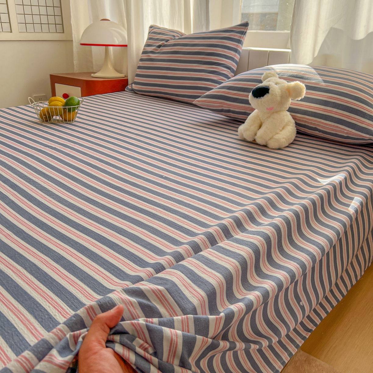 91家纺网 家纺一手货源 找家纺 思诺羽床笠 2026新款云感双层纱床单系列 细川-蓝