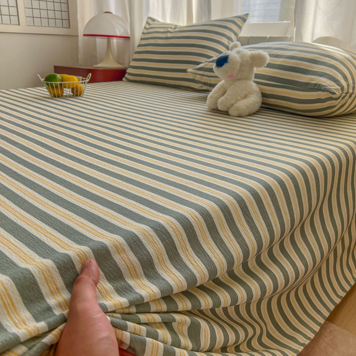 91家纺网 家纺一手货源 找家纺 思诺羽床笠 2026新款云感双层纱床单系列 细川-绿