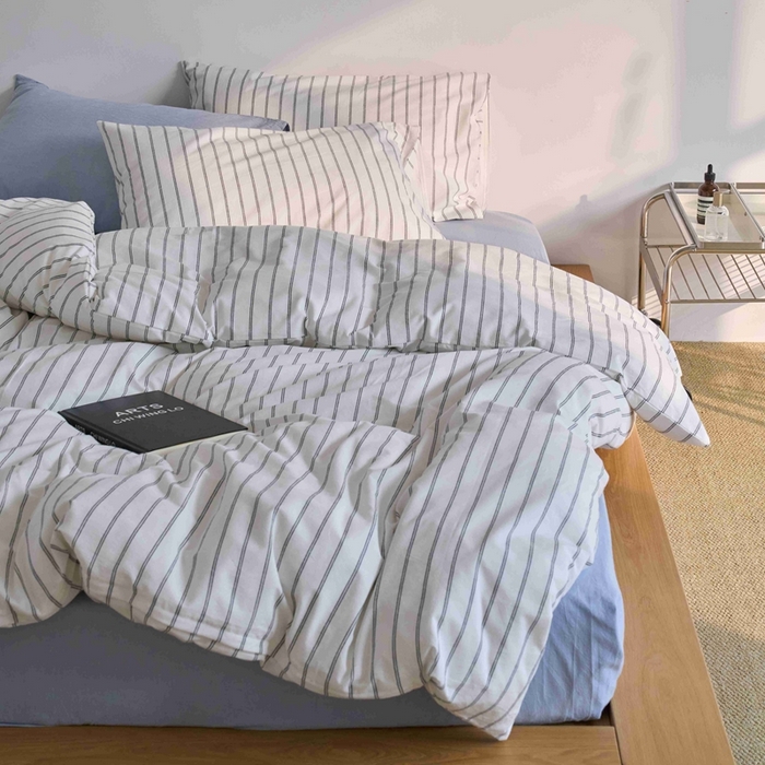 91家纺网 家纺一手货源 找家纺 （总）云上 2025新款32s全棉纯棉色织水洗棉韩式白色条纹四件套